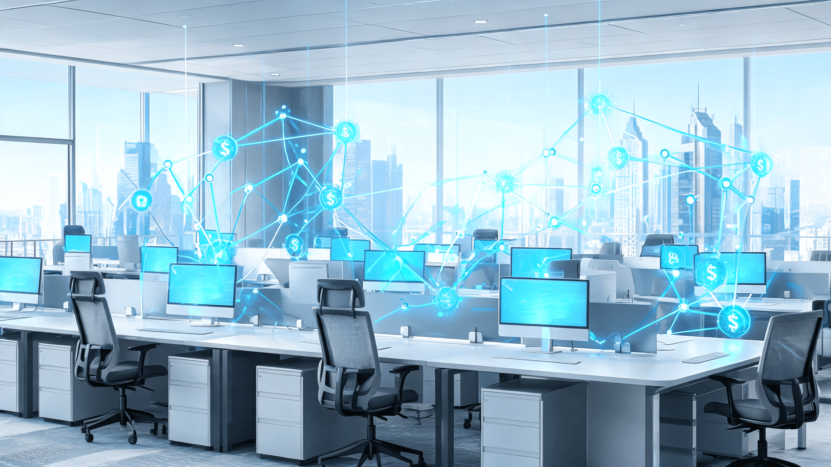 A futuristic corporate office setting with abstract digital networks representing AI agents connecti