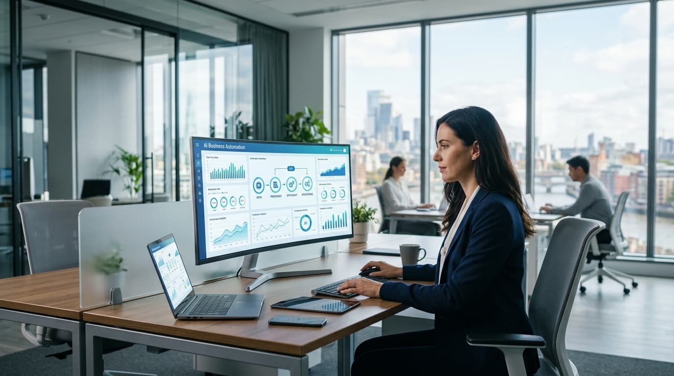 A modern, minimalist corporate office atmosphere with sleek technology interfaces on screens showing