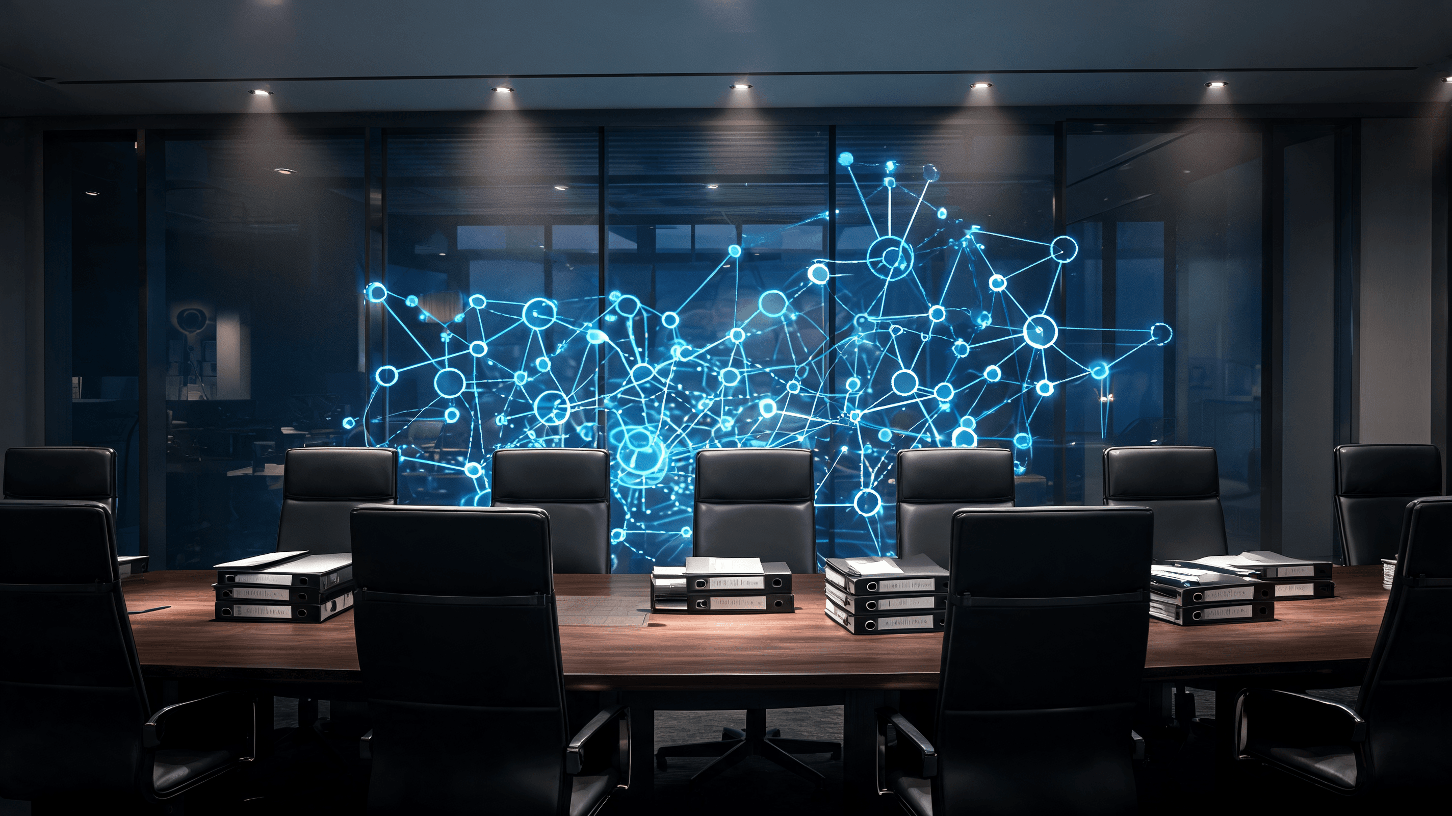 A serious, professional boardroom setting, dramatic lighting, abstract representations of AI neural
