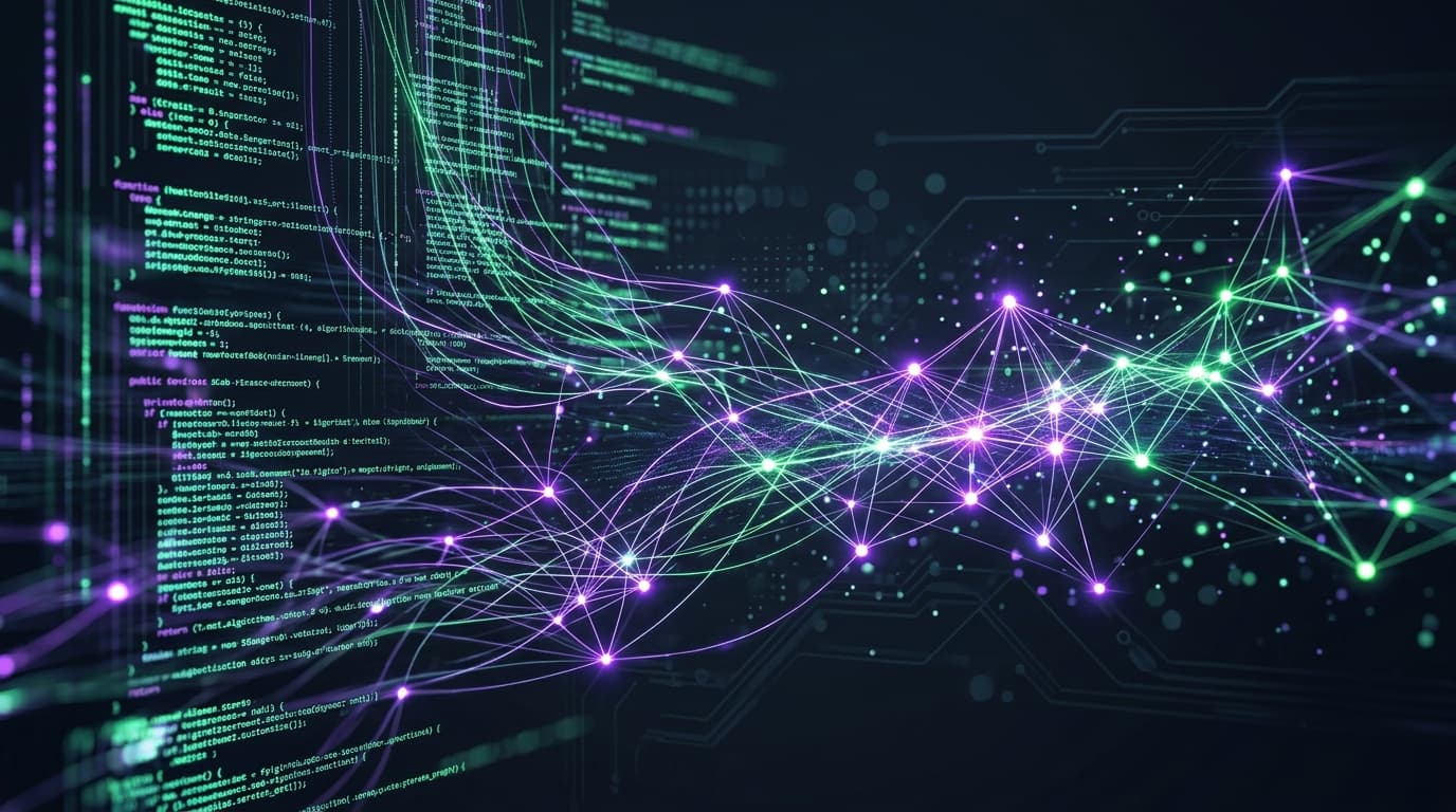 A sophisticated, dark-themed digital workspace with flowing lines of code transforming into glowing