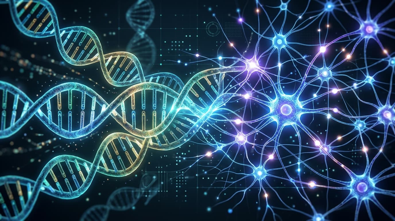 A sophisticated digital visualization of DNA strands merging with a neural network structure, profes