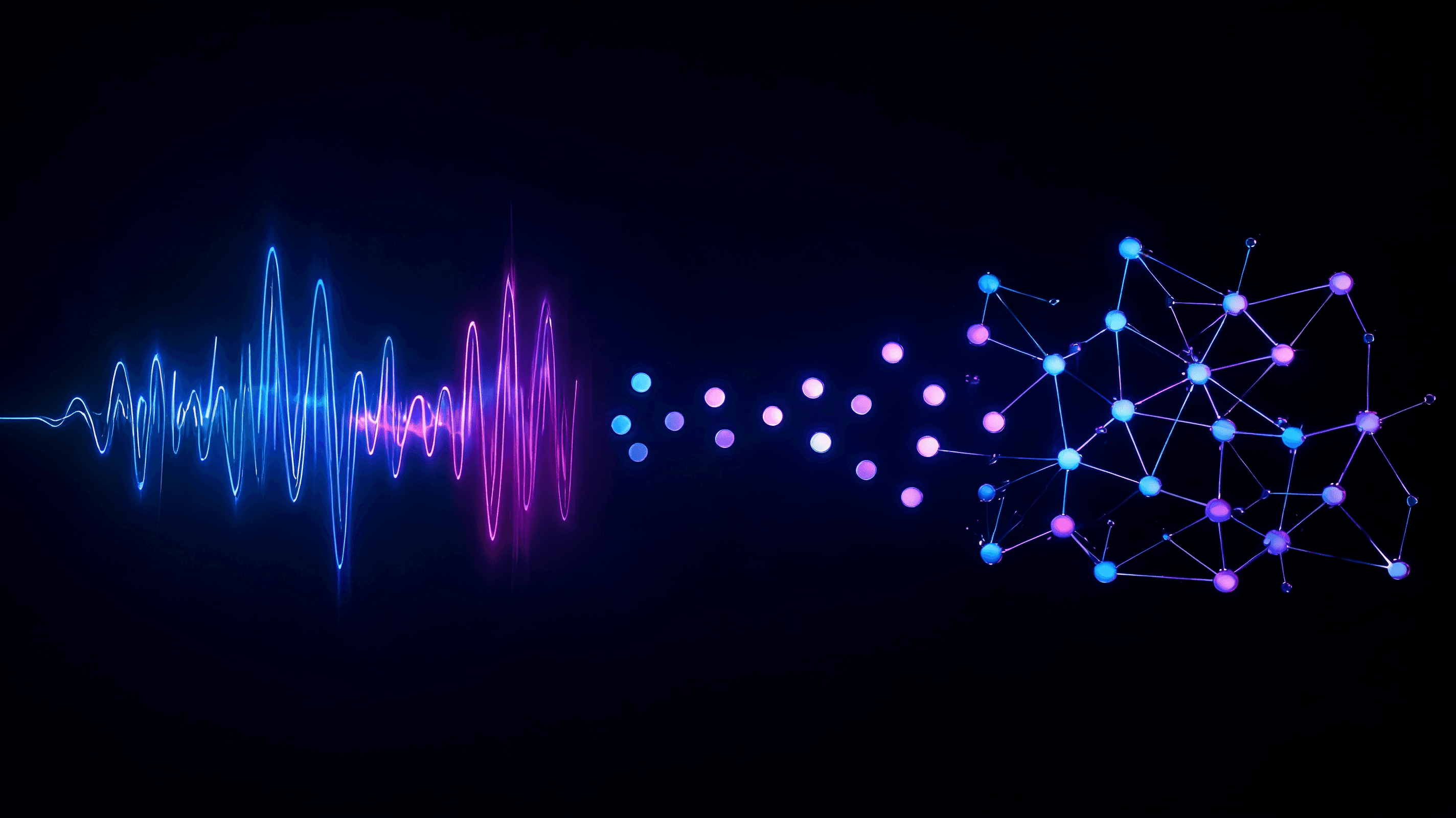 A futuristic voice visualization concept, glowing sound waves turning into interconnected neural net