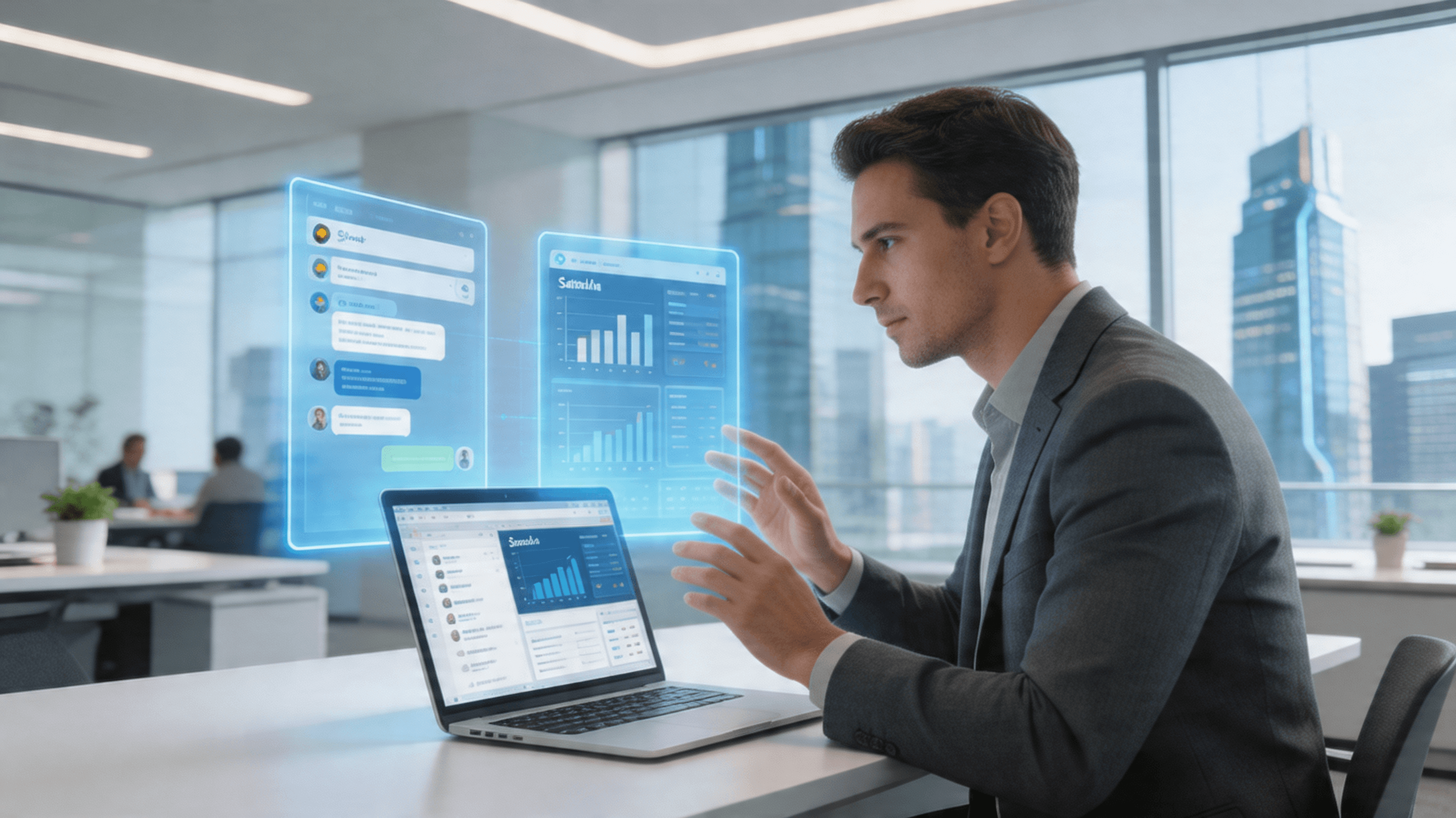 A modern, futuristic enterprise office environment with holographic AI interface panels overlaying p