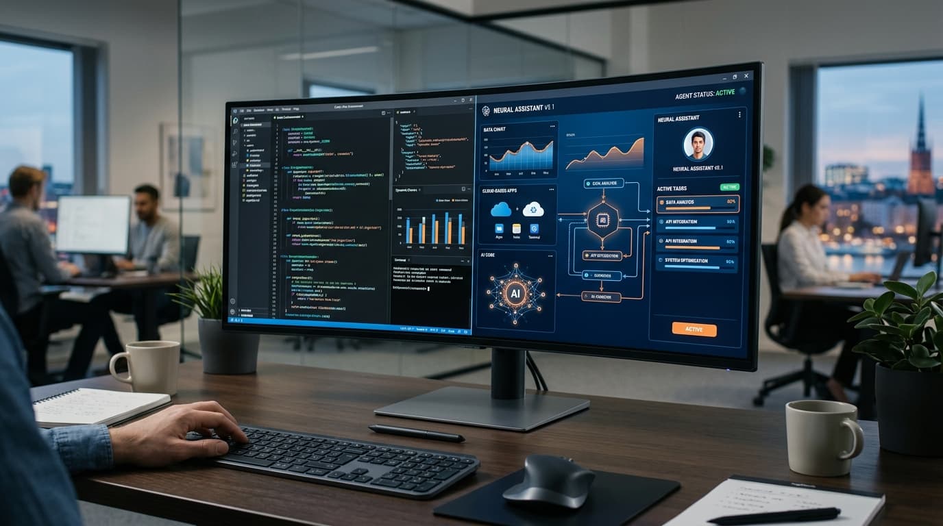 A sophisticated workstation screen showing code and an AI agent interface interacting with various d
