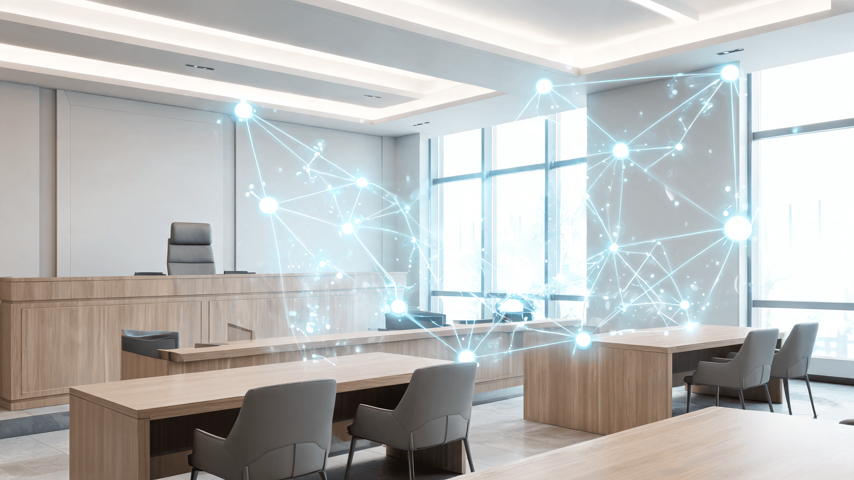 A modern, minimalist courtroom setting with abstract digital connections and AI neural network glowi
