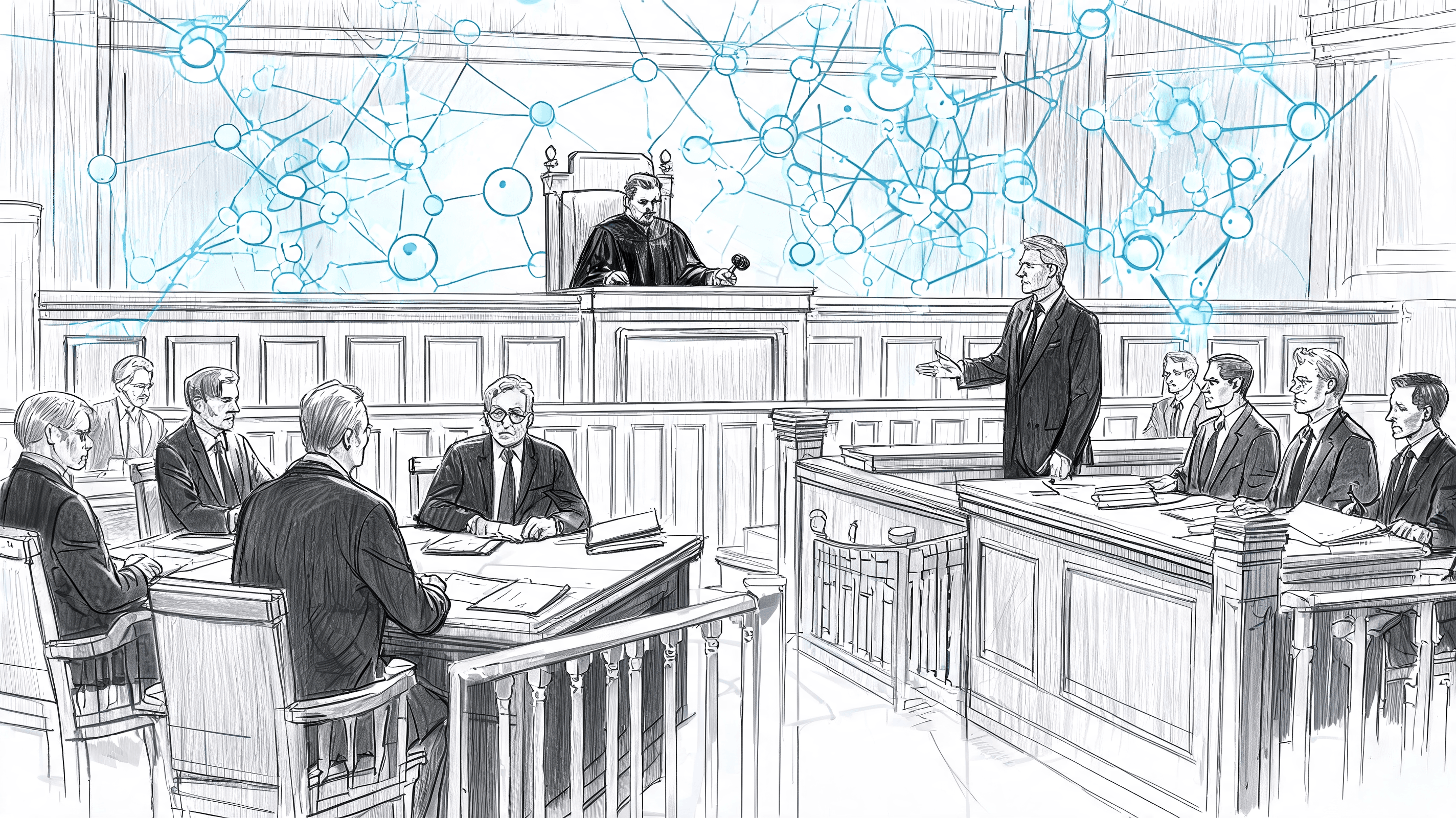 A courtroom scene in the style of a legal sketch, depicting a high-stakes AI legal battle, with abst