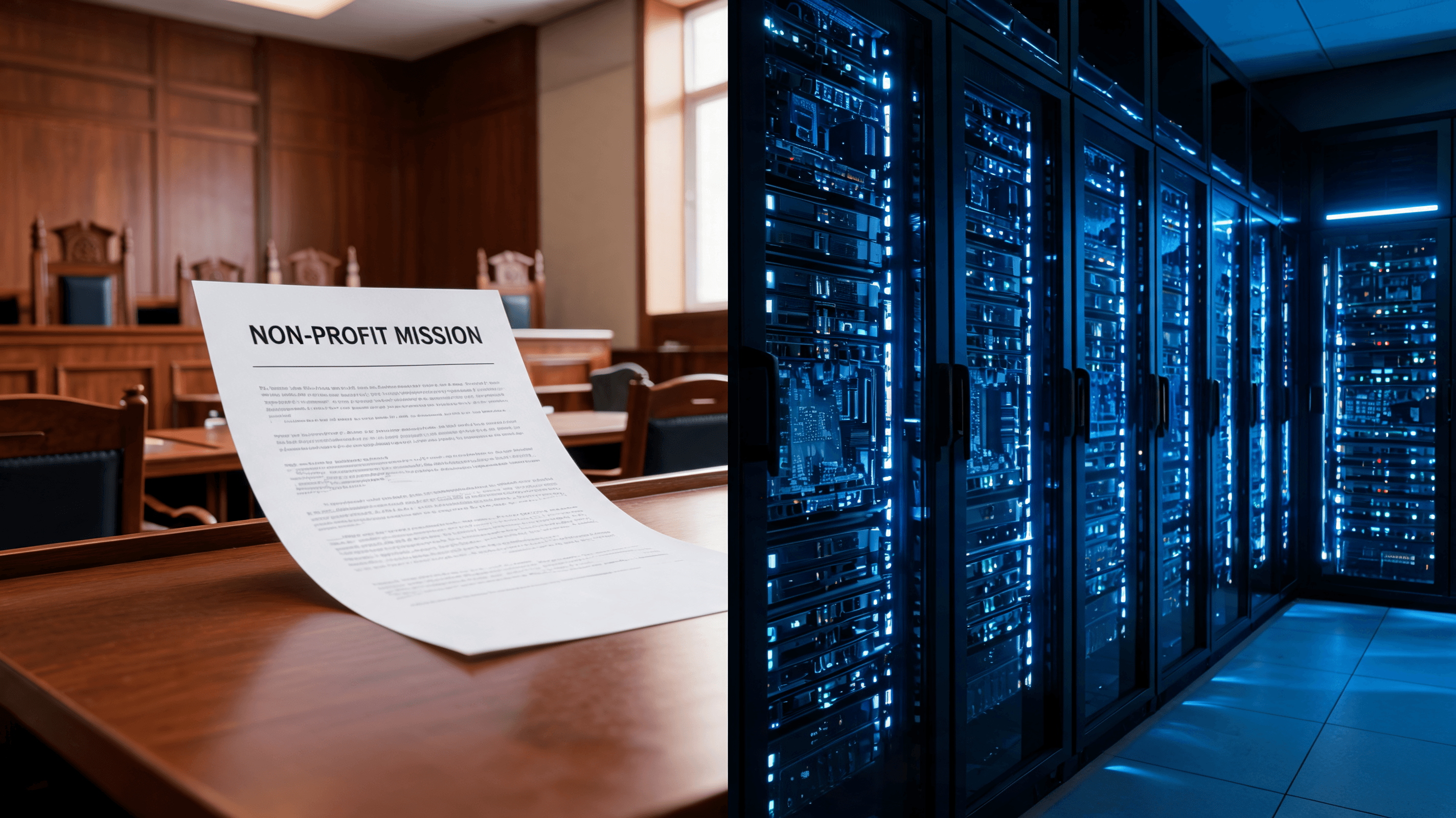 A courtroom scene with split focus: one side showing a document labeled 'Non-profit mission' and the