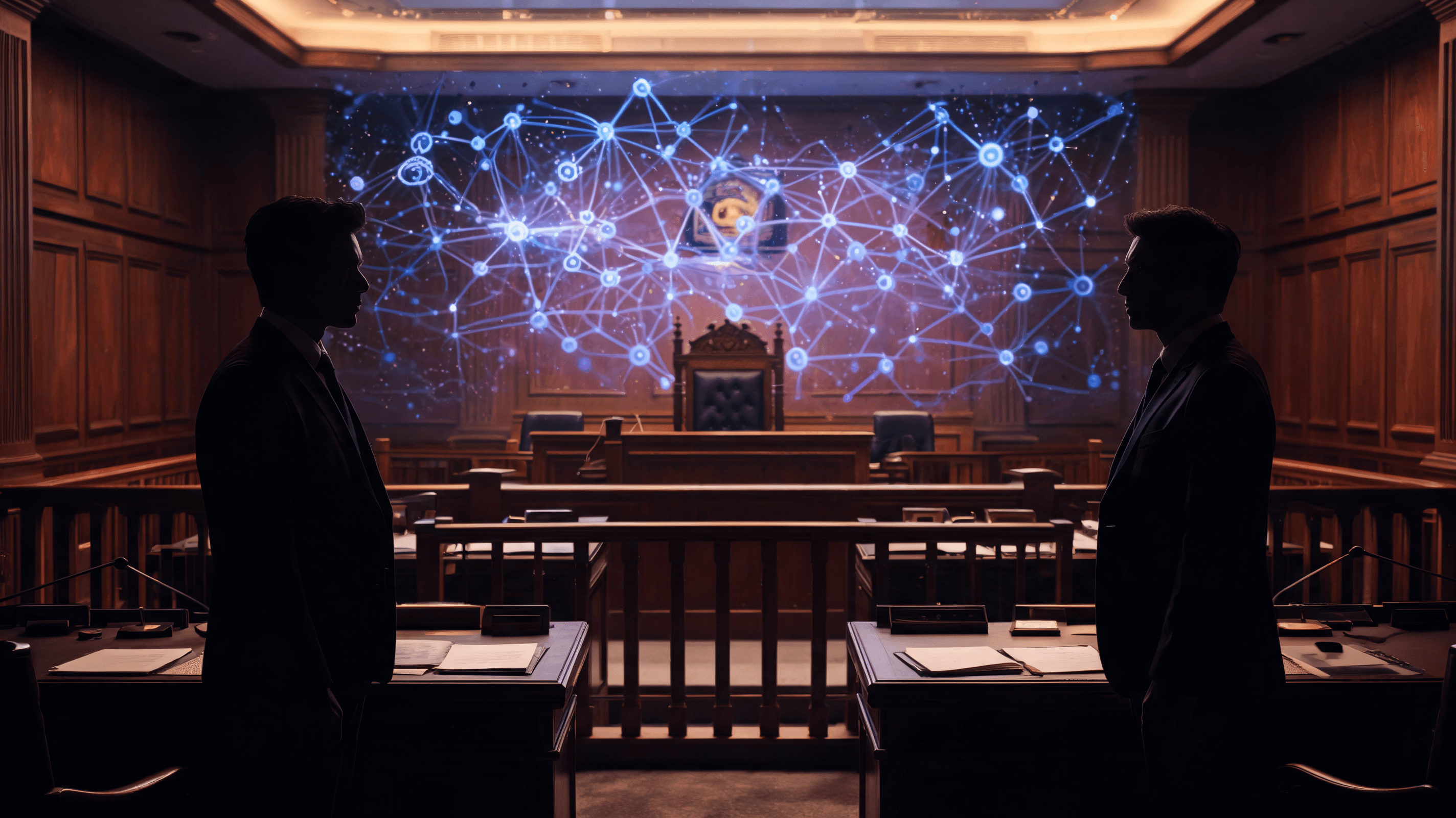 A courtroom scene with high tension, featuring two silhouettes representing leaders on opposite side