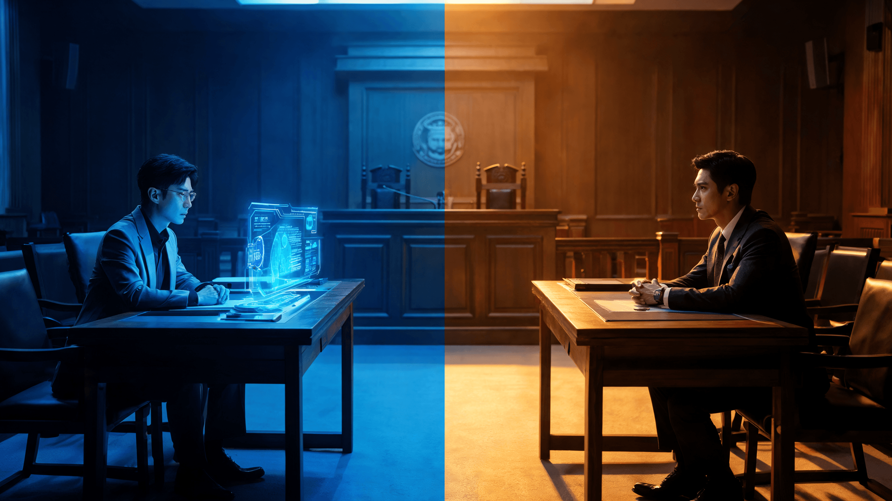 A tense courtroom scene with a dramatic lighting split between two sides, symbolizing a legal clash