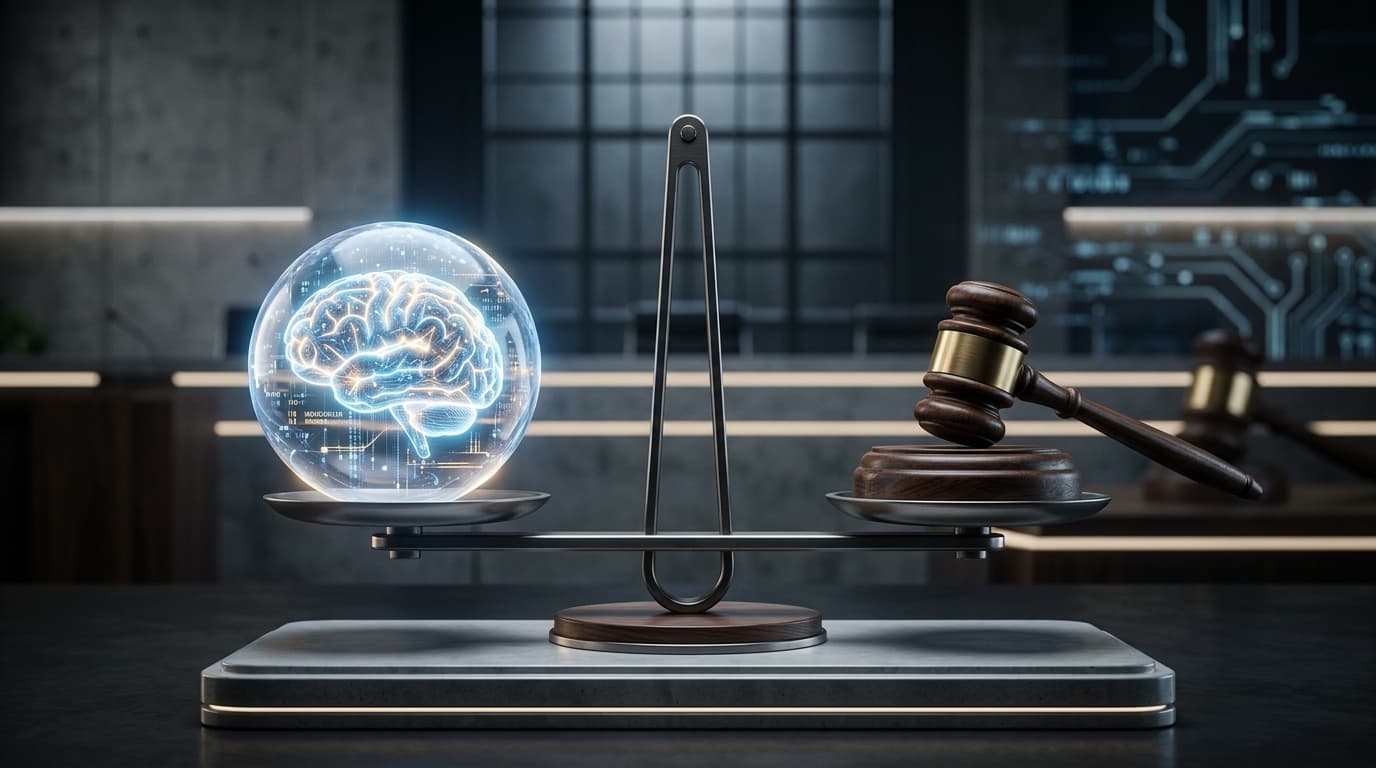 An abstract, balanced scale with a glowing digital brain on one side and a law gavel on the other, s