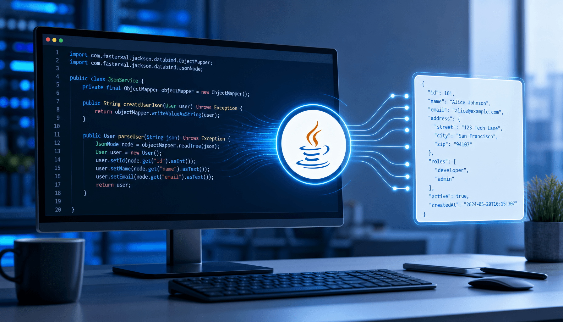 A clean, minimalist representation of Java code integration with JSON data structures, high-tech dev