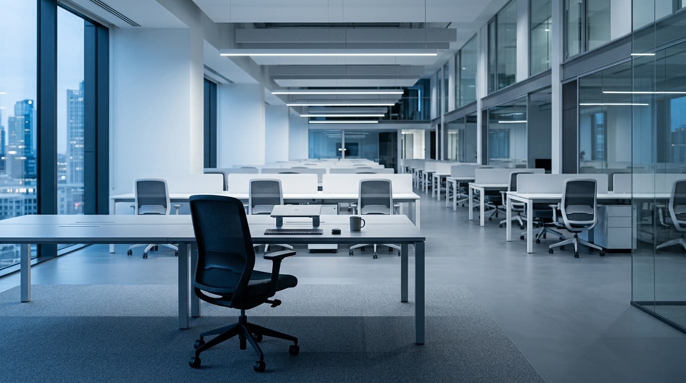 A modern, clinical office setting with rows of empty desks and an empty chair in the foreground, sub