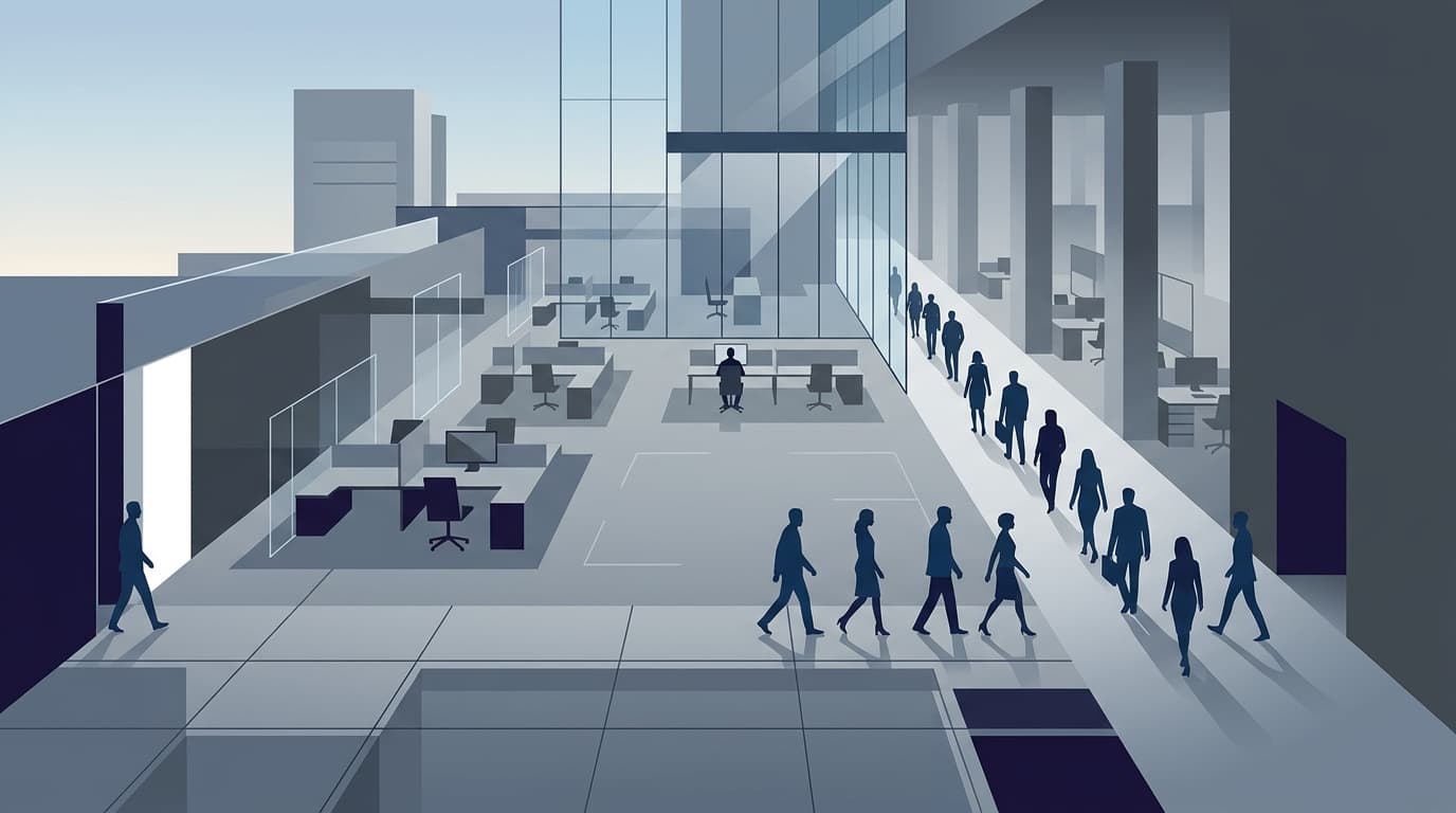 A minimalist, abstract illustration representing corporate downsizing with stylized silhouettes of p