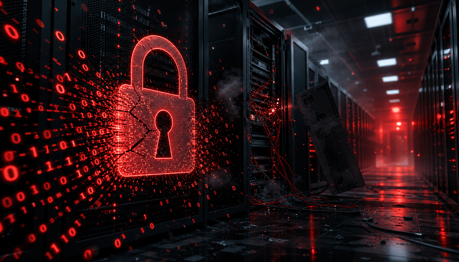 A digital security concept image showing a breached server room with glowing red warning lights, dig