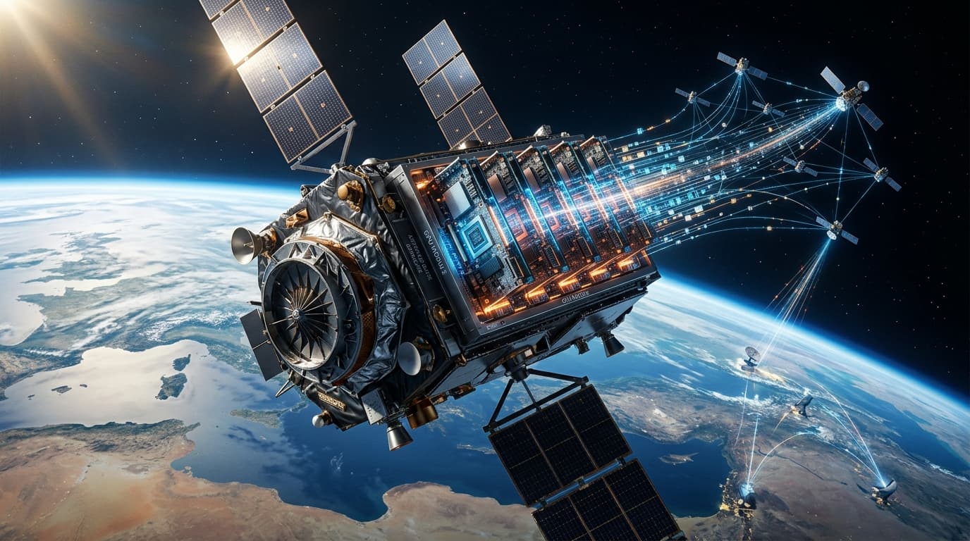 A futuristic satellite orbiting the Earth with visible glowing GPU processing nodes, digital data st