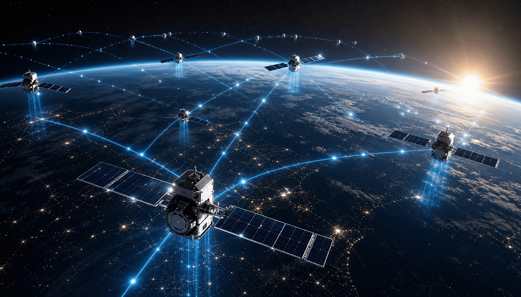 A futuristic render of a satellite constellation in low Earth orbit, with glowing data streams conne