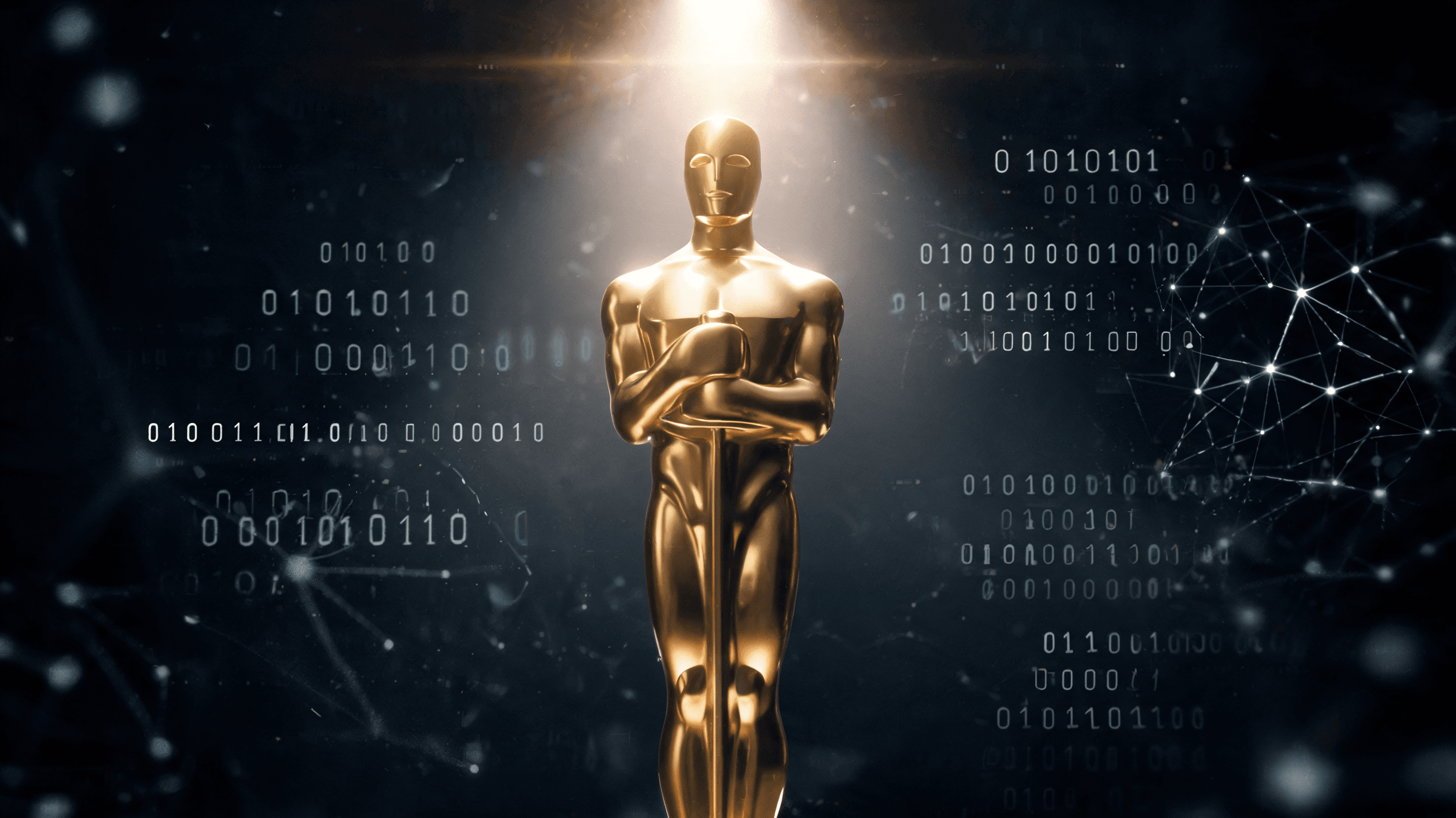 A cinematic-style image showing the golden Oscar statue in a spotlight, with subtle digital-age elem