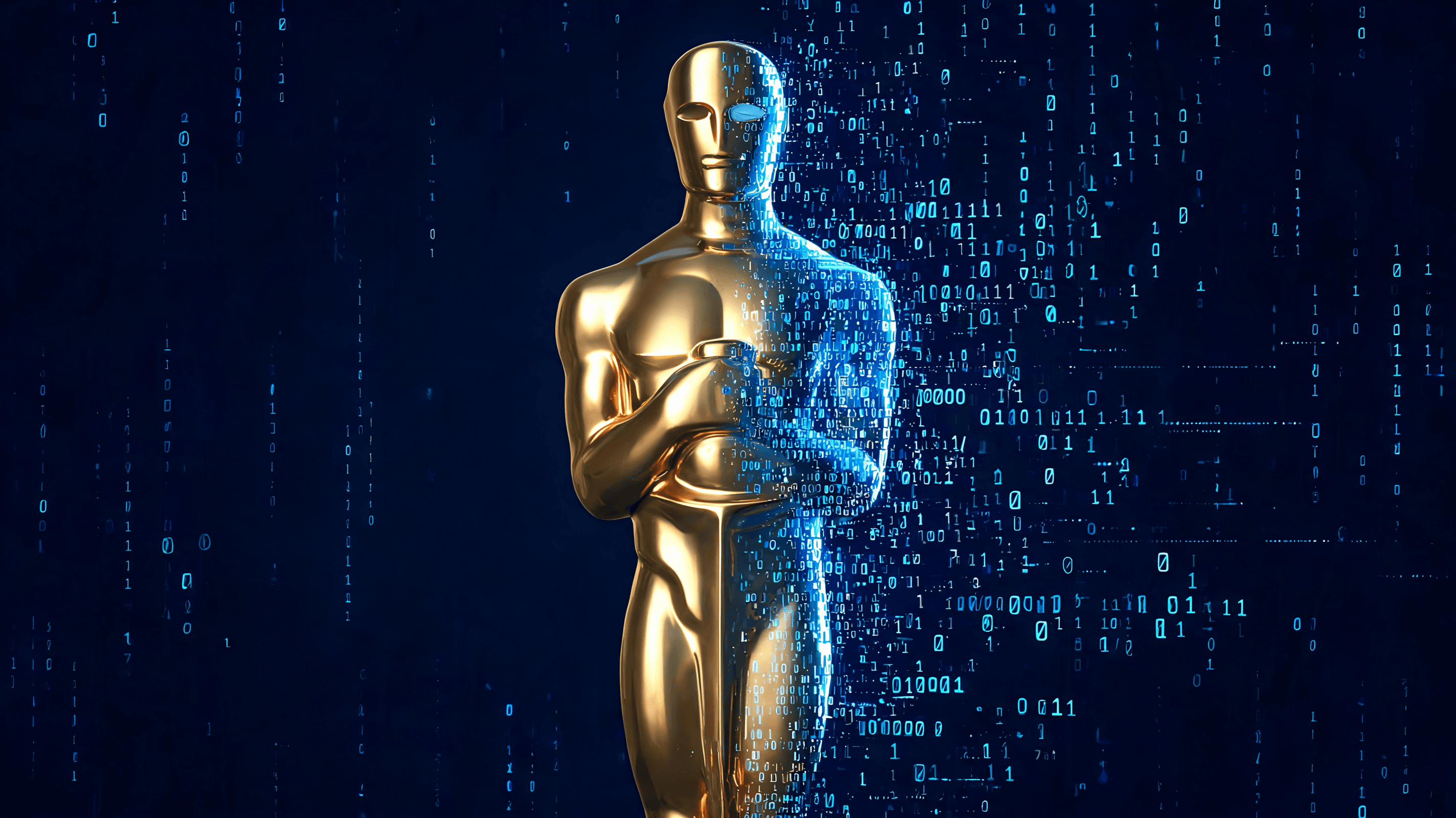 An Oscar-style golden statuette partially merging with digital matrix code, representing the interse