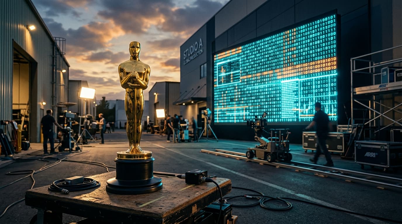 The iconic Oscar statue standing on a film studio lot, with a futuristic computer screen in the back