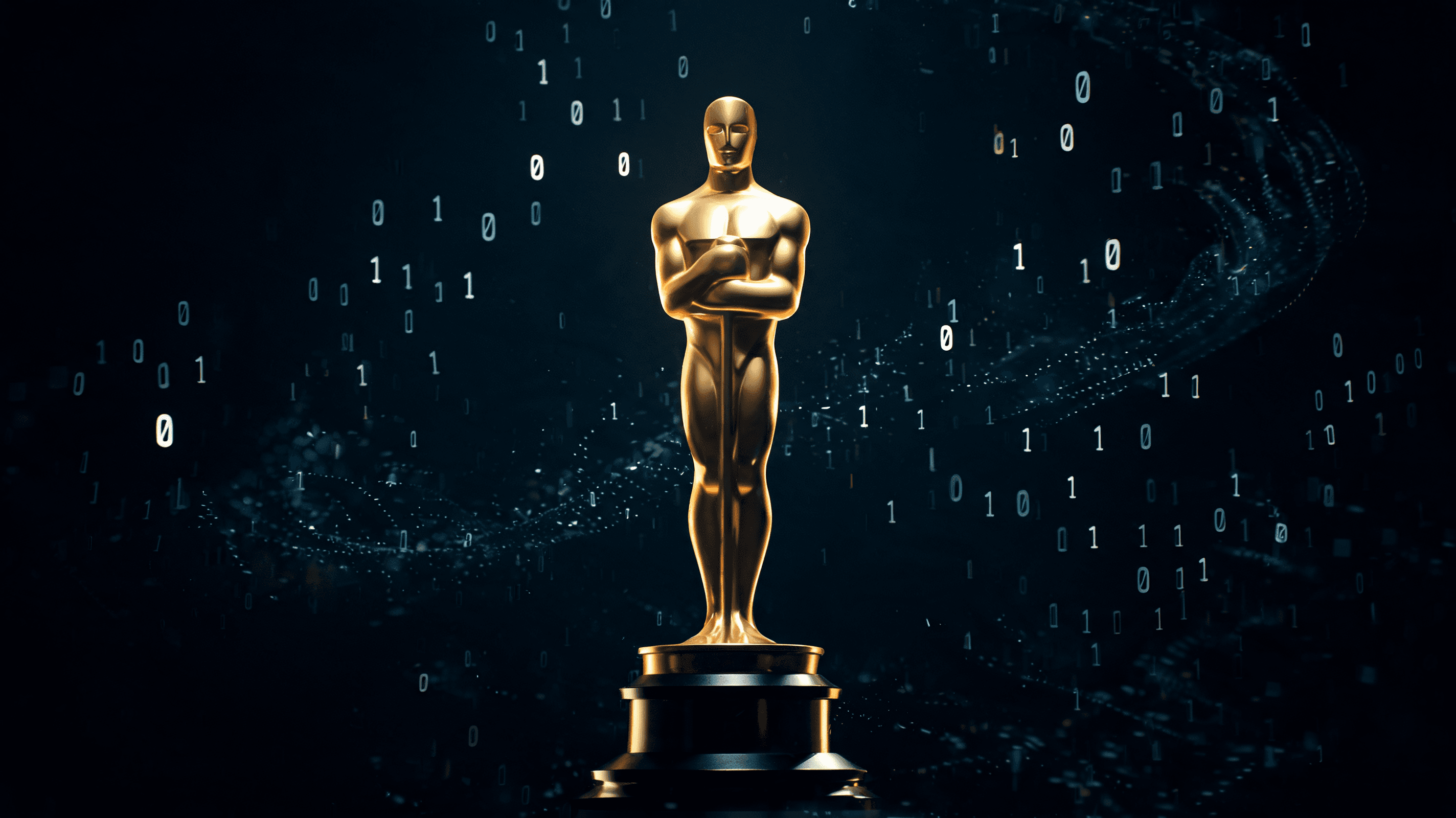 A cinematic, dramatic lighting shot of an Academy Award golden statue silhouette in the center, cont