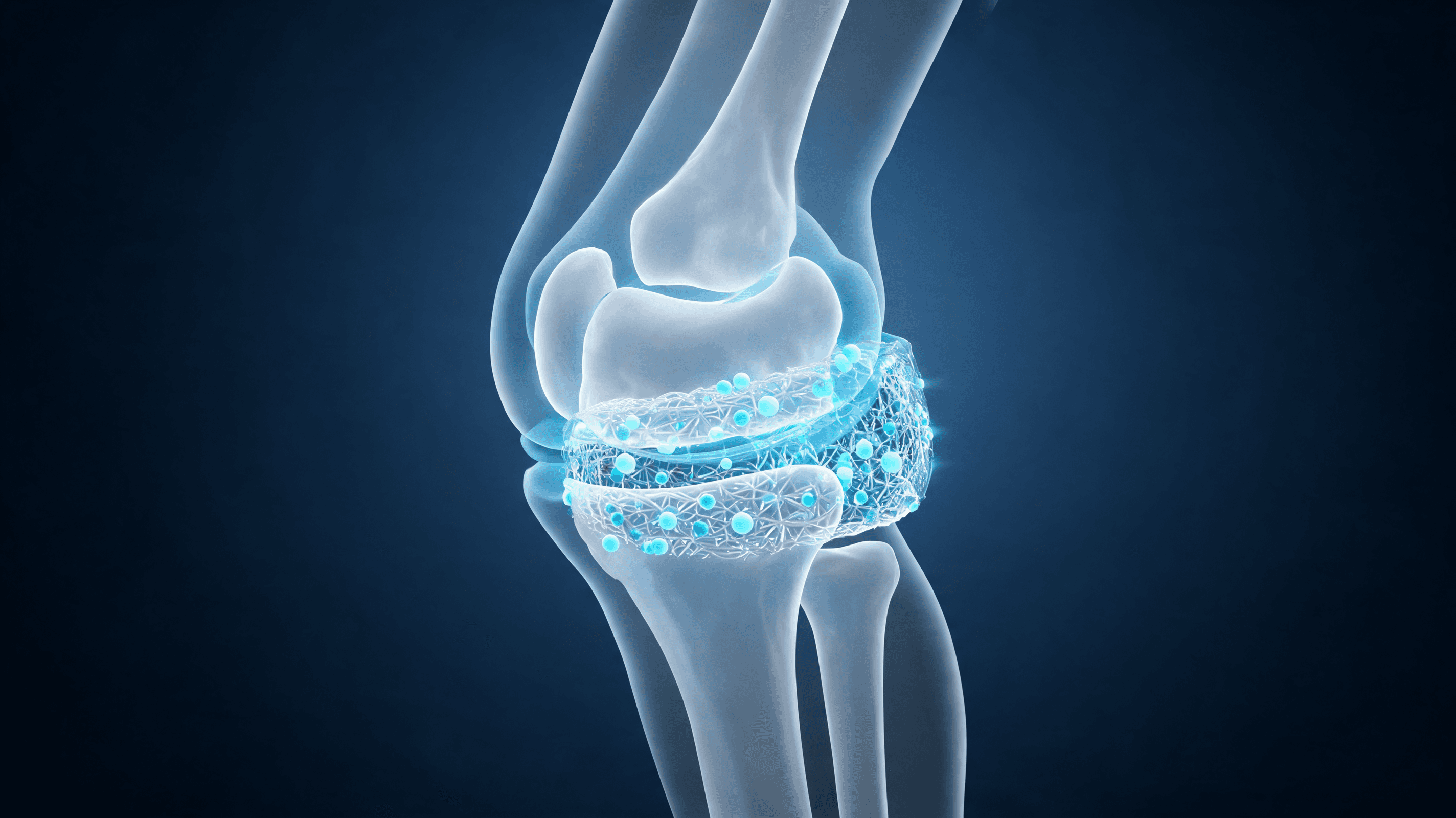 A close-up 3D medical visualization of a healthy human knee joint with transparent tissues, showcasi