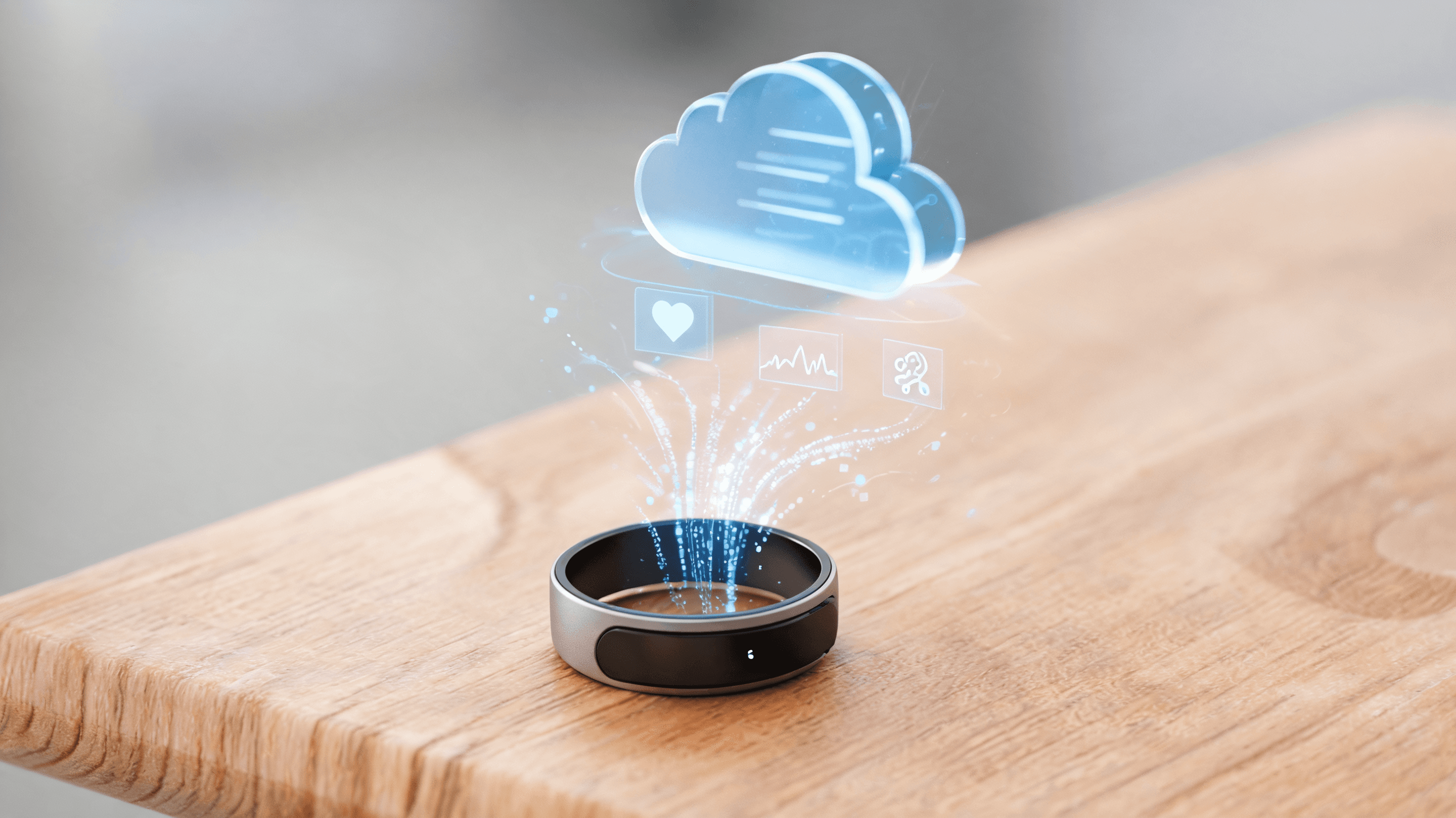 A macro shot of a sleek health ring on a wooden surface, with a futuristic digital interface overlay