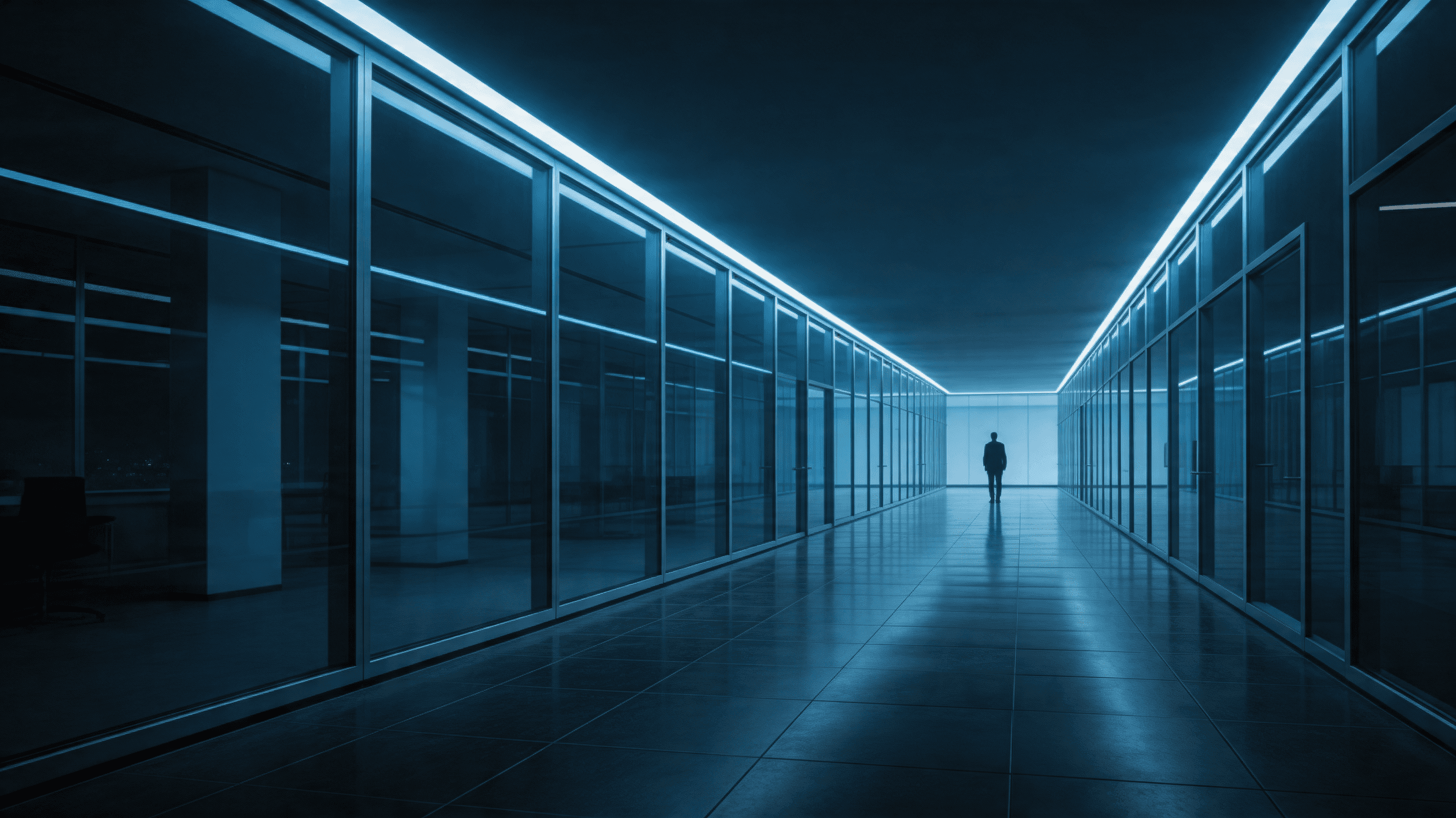 A dimly lit, futuristic office corridor at night, featuring cold blue lighting, sleek glass architec