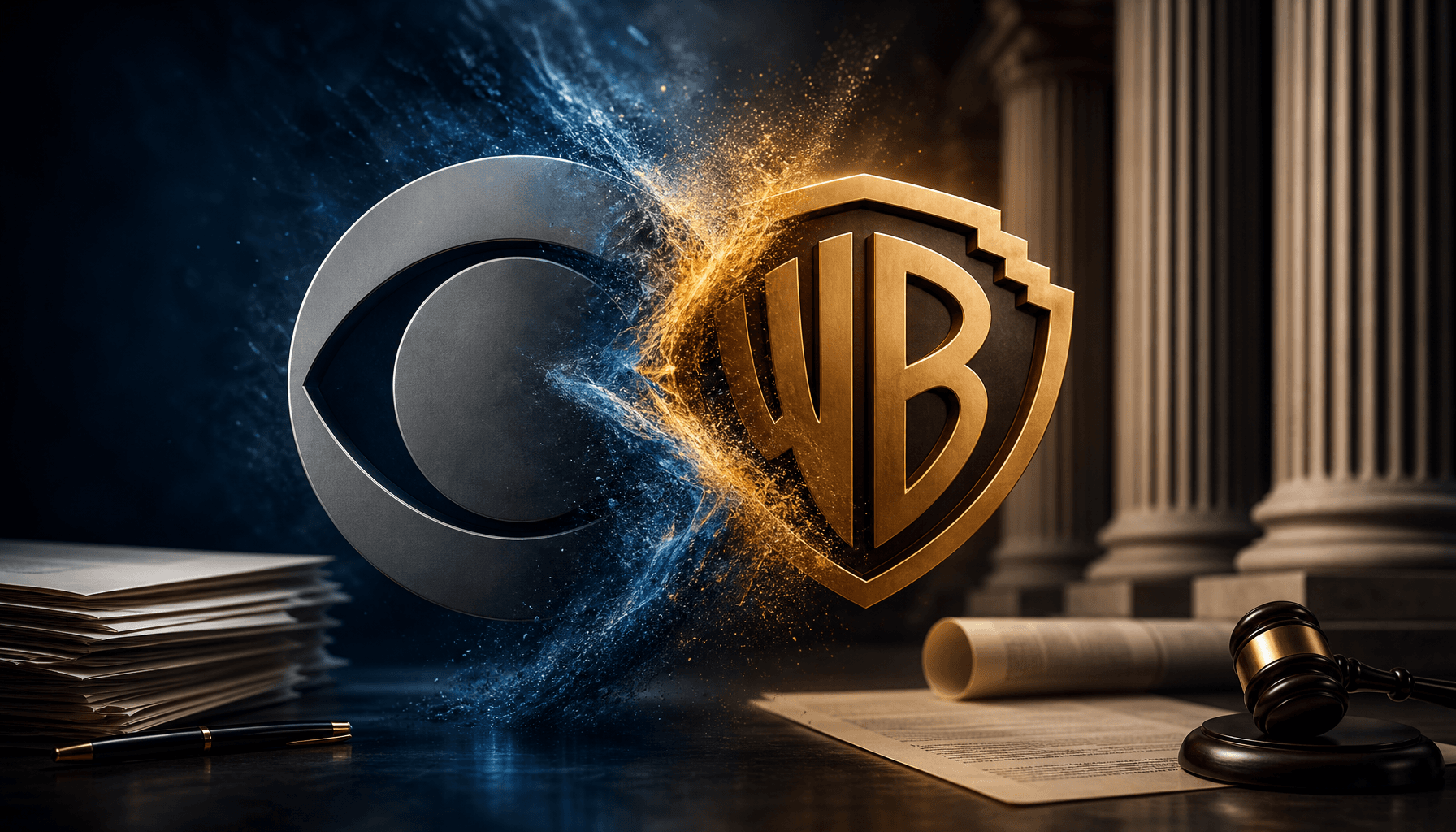 A cinematic, abstract representation of two media conglomerate logos merging, with legal documents a