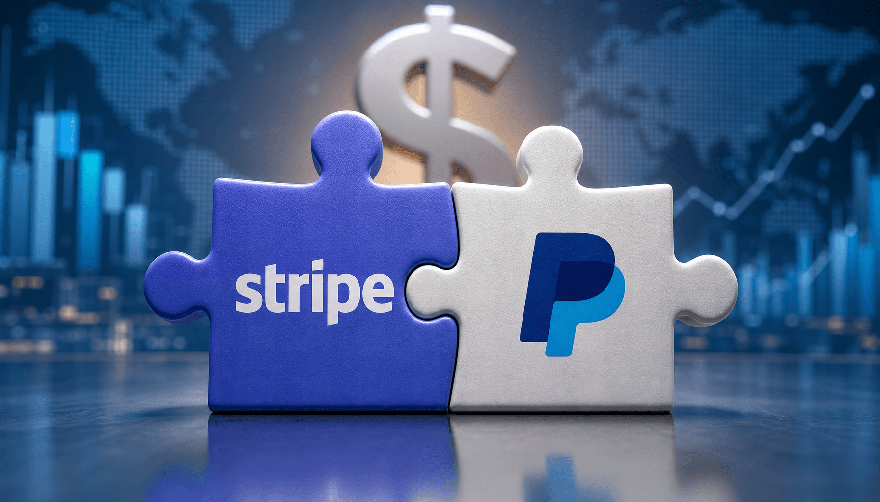 A conceptual image showing two puzzle pieces representing Stripe and PayPal fitting together, with a