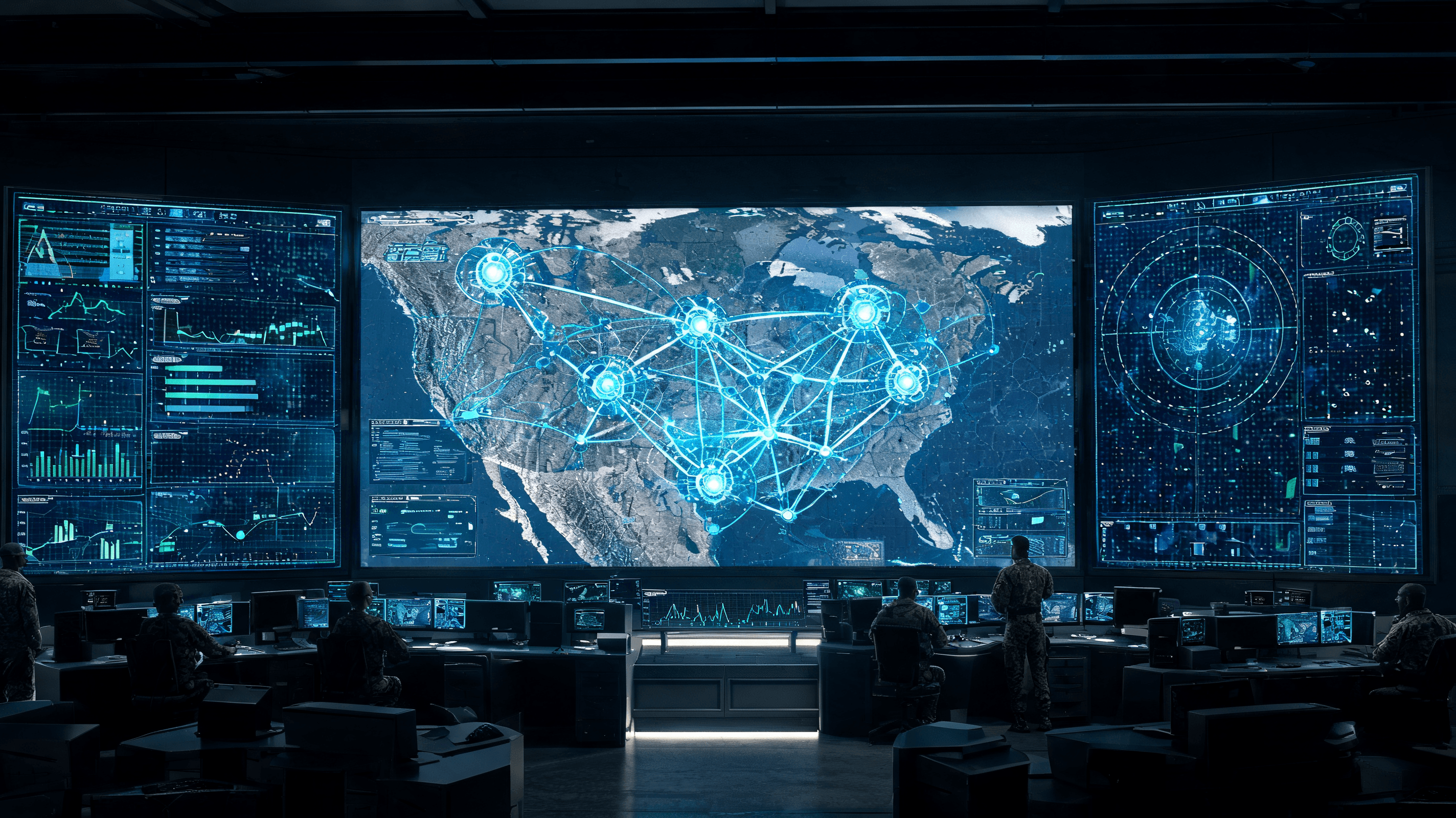 A modern, high-tech U.S. military operations center screen displaying advanced artificial intelligen