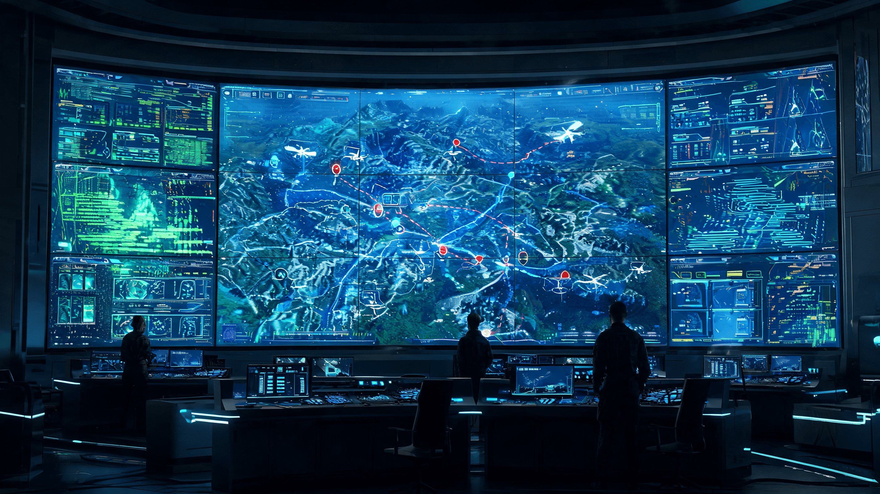 A modern, high-tech command center interface displaying glowing AI-driven tactical maps and communic