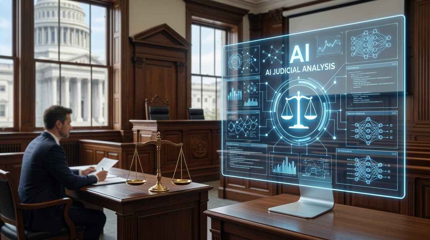 A courtroom setting, contrast between high-tech digital AI interface and a government building in th