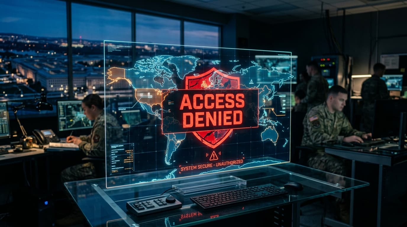 A cinematic high-tech scene showing a holographic AI interface with a glowing red warning sign 'ACCE