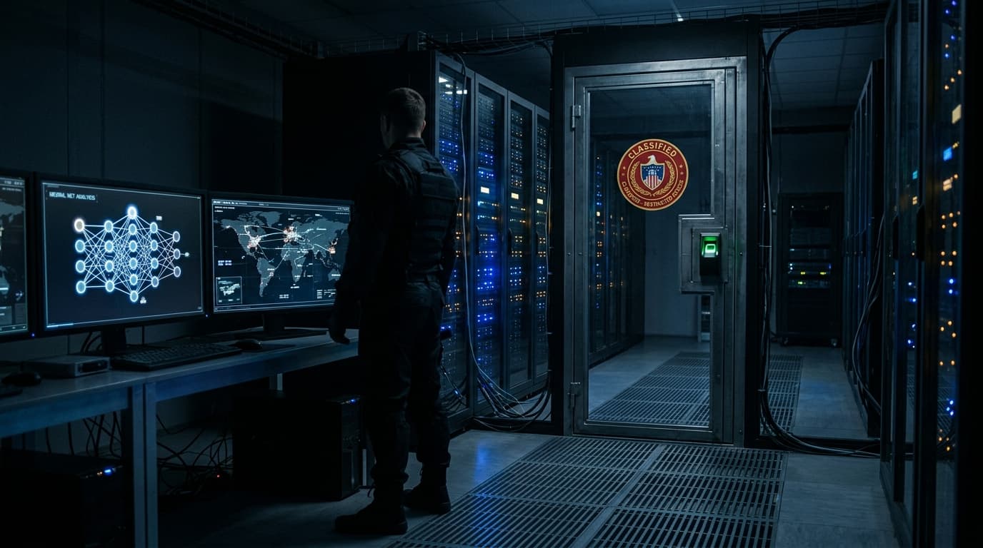 A dimly lit, high-security server room with a 'Classified' seal on the door, screens showing abstrac