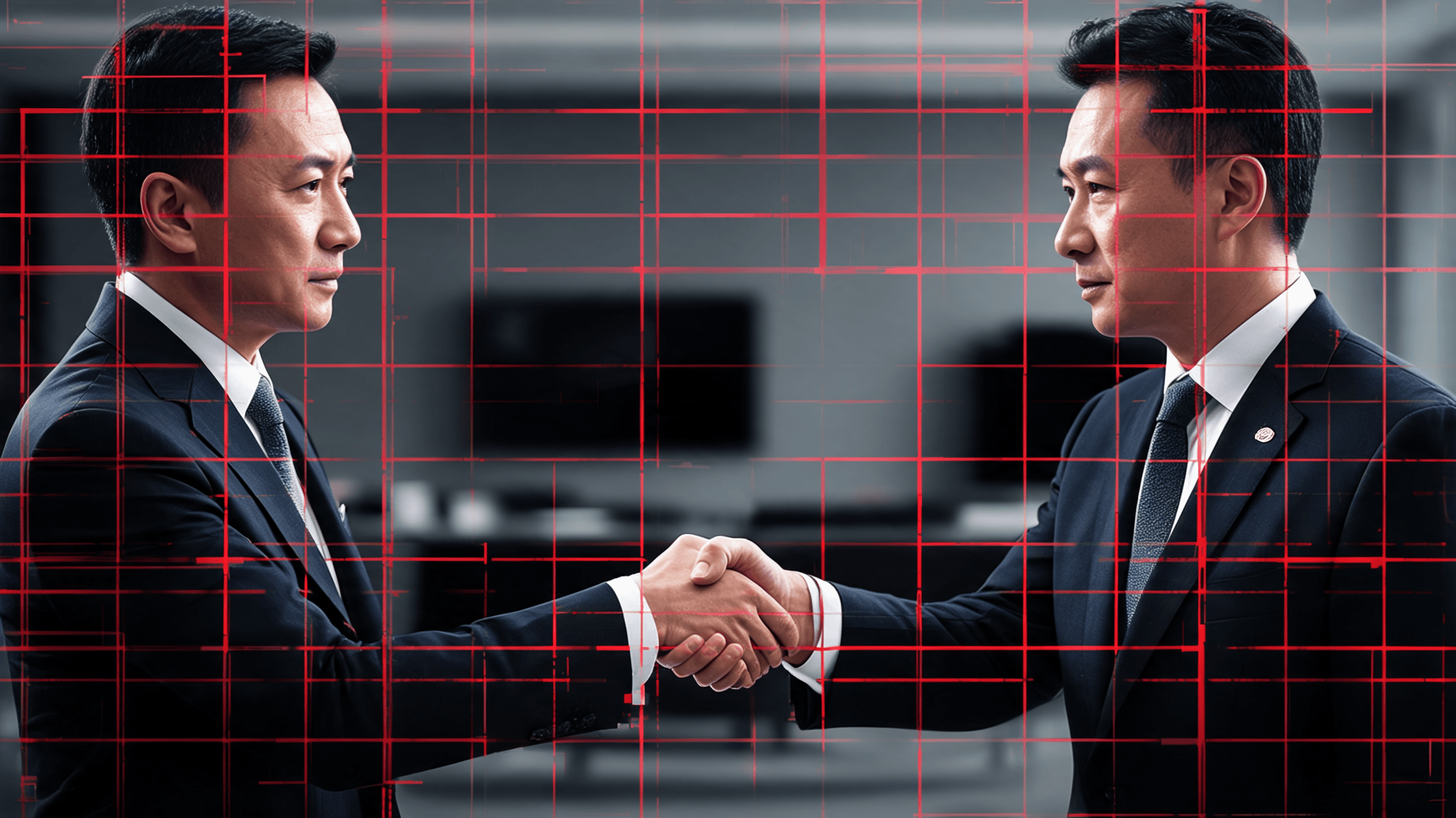 A stylized, high-contrast image of a diplomatic handshake between two officials, with a layer of dig