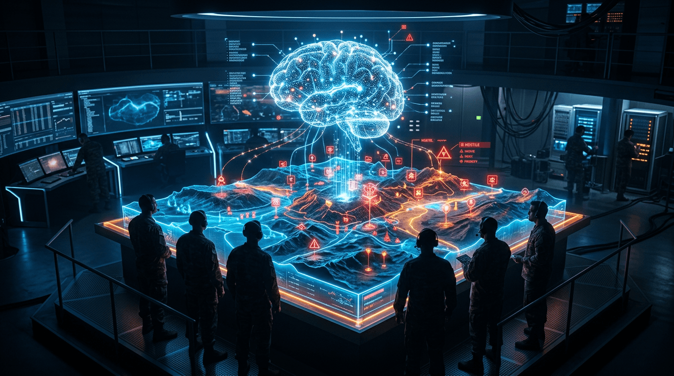 A high-tech military command center with giant holographic maps of a battlefield, a digital represen
