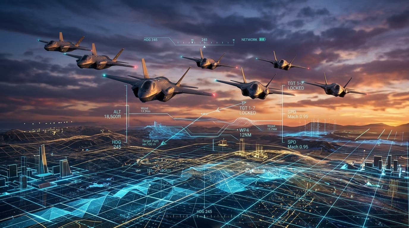 A fleet of advanced military drones flying in formation over a simulated digital landscape, futurist
