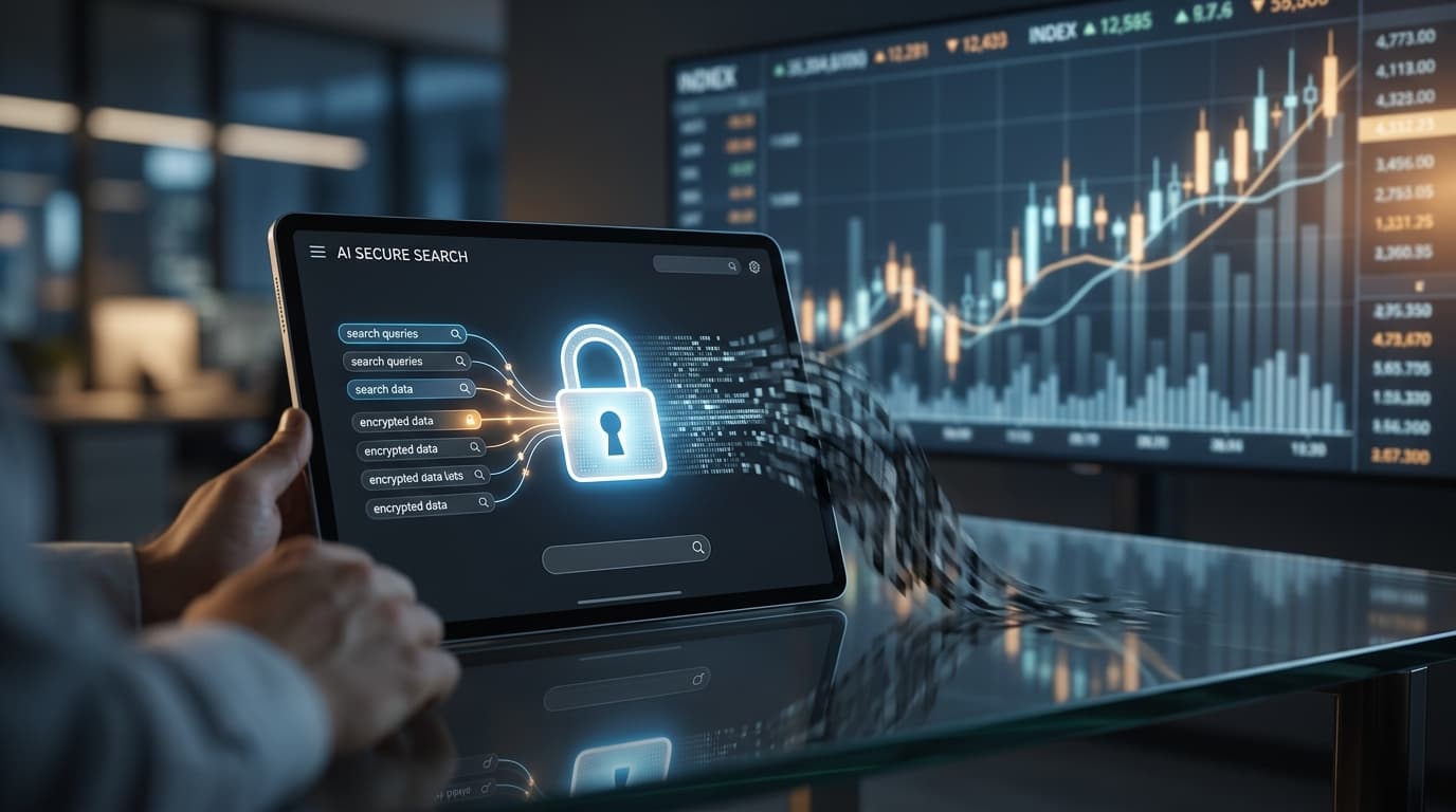 A digital privacy concept, a sleek AI search interface on a screen showing a padlock icon with a blu