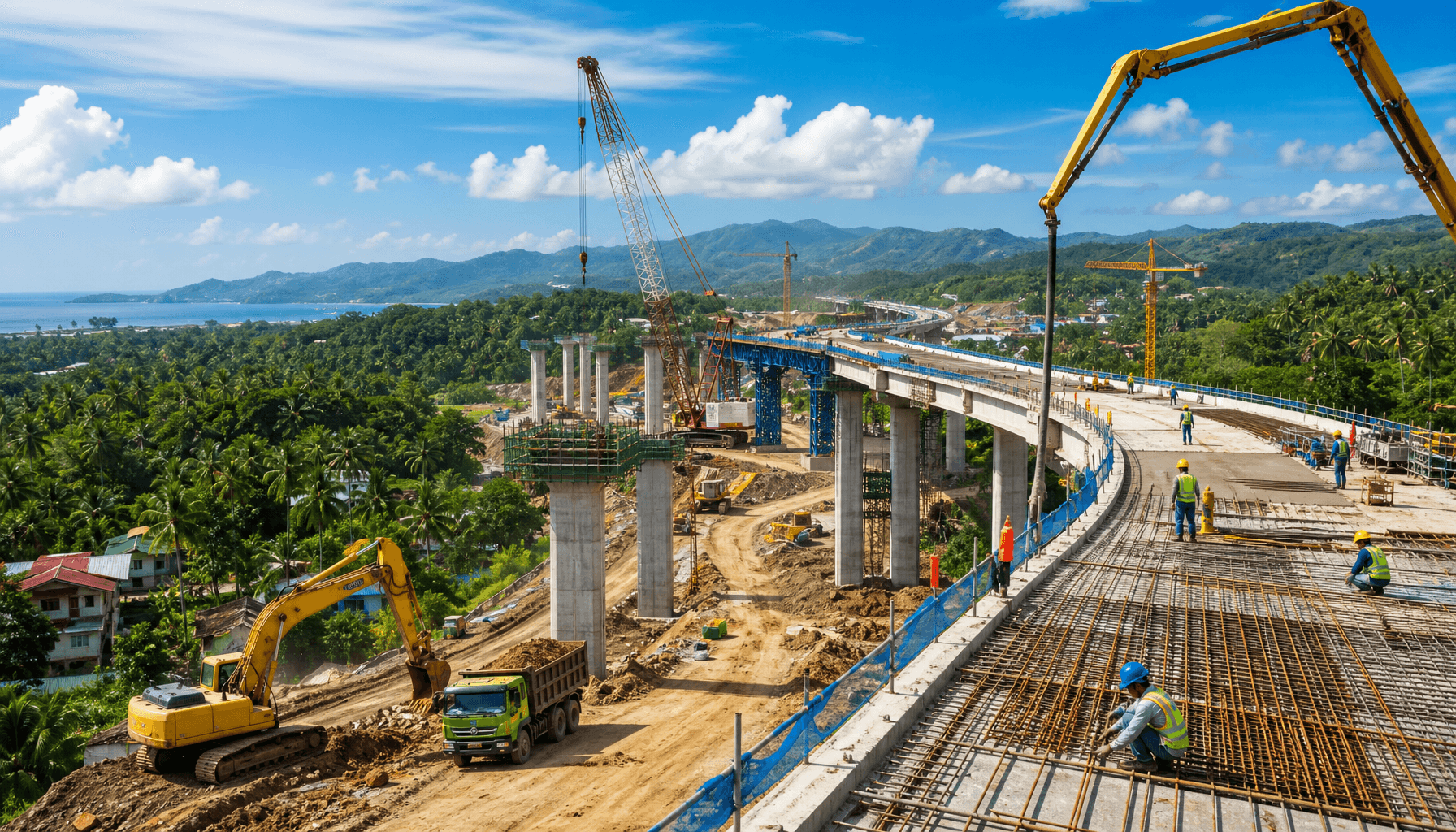 A bustling construction site for a new highway in the Philippines, with cranes and modern machinery,