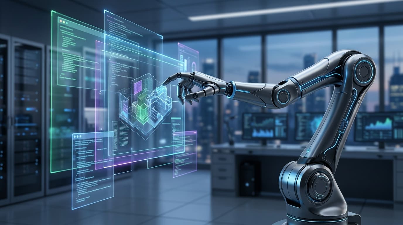 A futuristic robotic arm interacting with a complex, digital virtual environment, visualizing the in