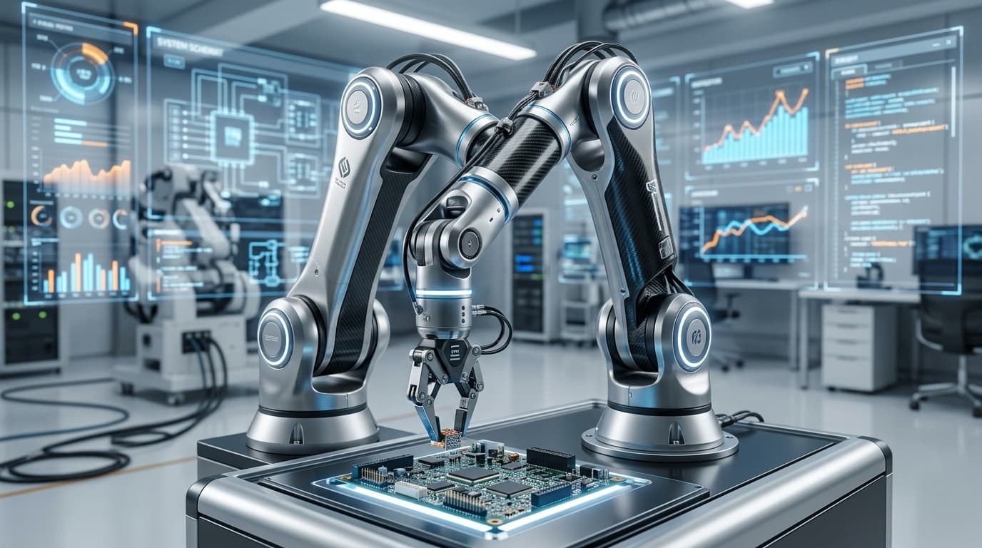 A high-tech robotic laboratory featuring an advanced humanoid robot arm performing precise assembly