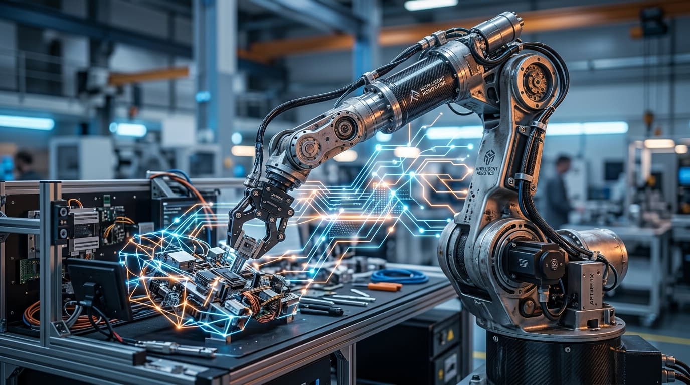A highly detailed industrial robot arm interacting with complex objects, glowing neural network over