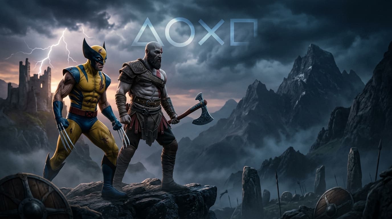 A theatrical poster style image featuring protagonists from Wolverine and God of War in a cinematic