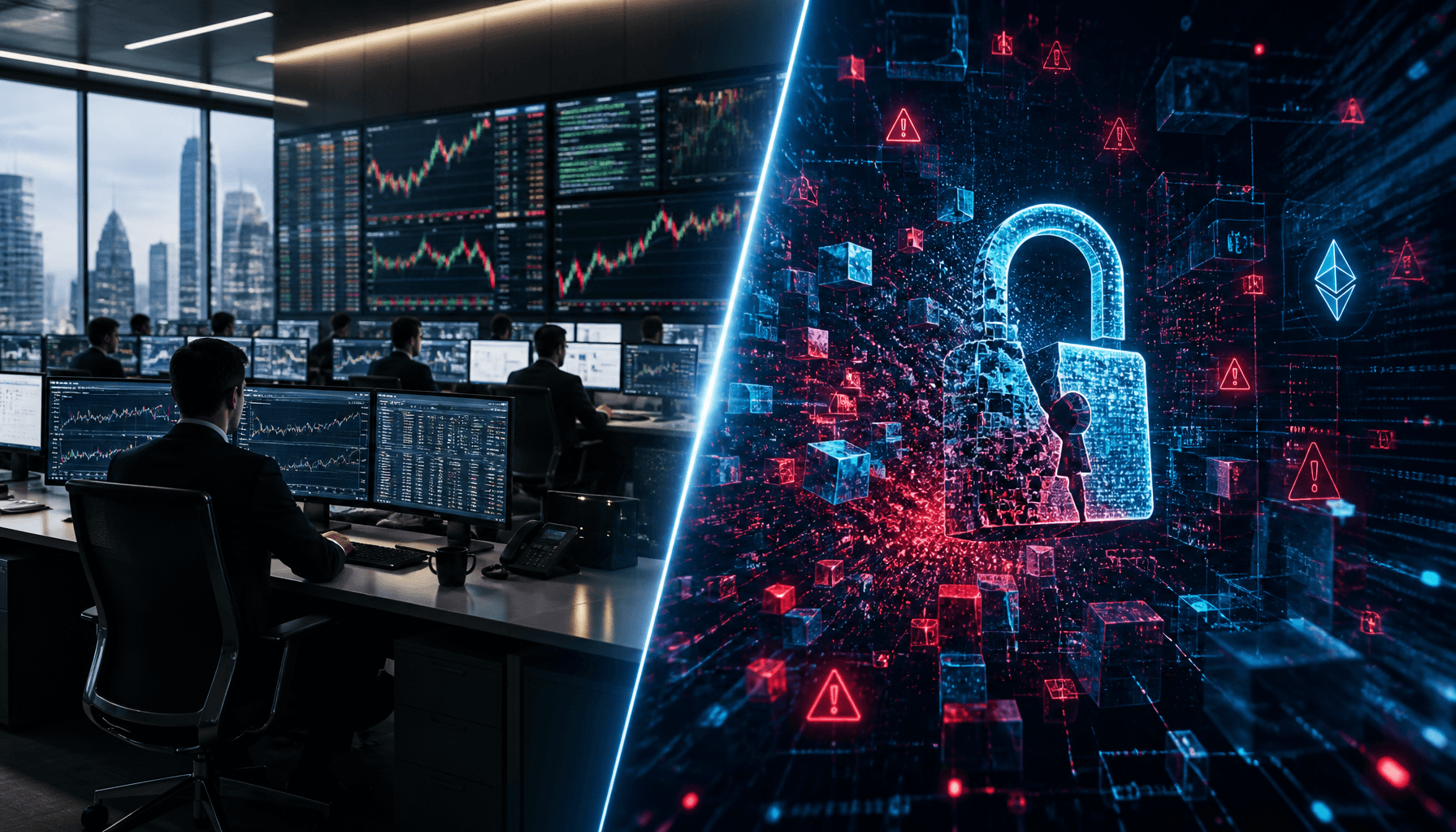 A conceptual split-screen image: one side showing a sleek, professional institutional trading desk,