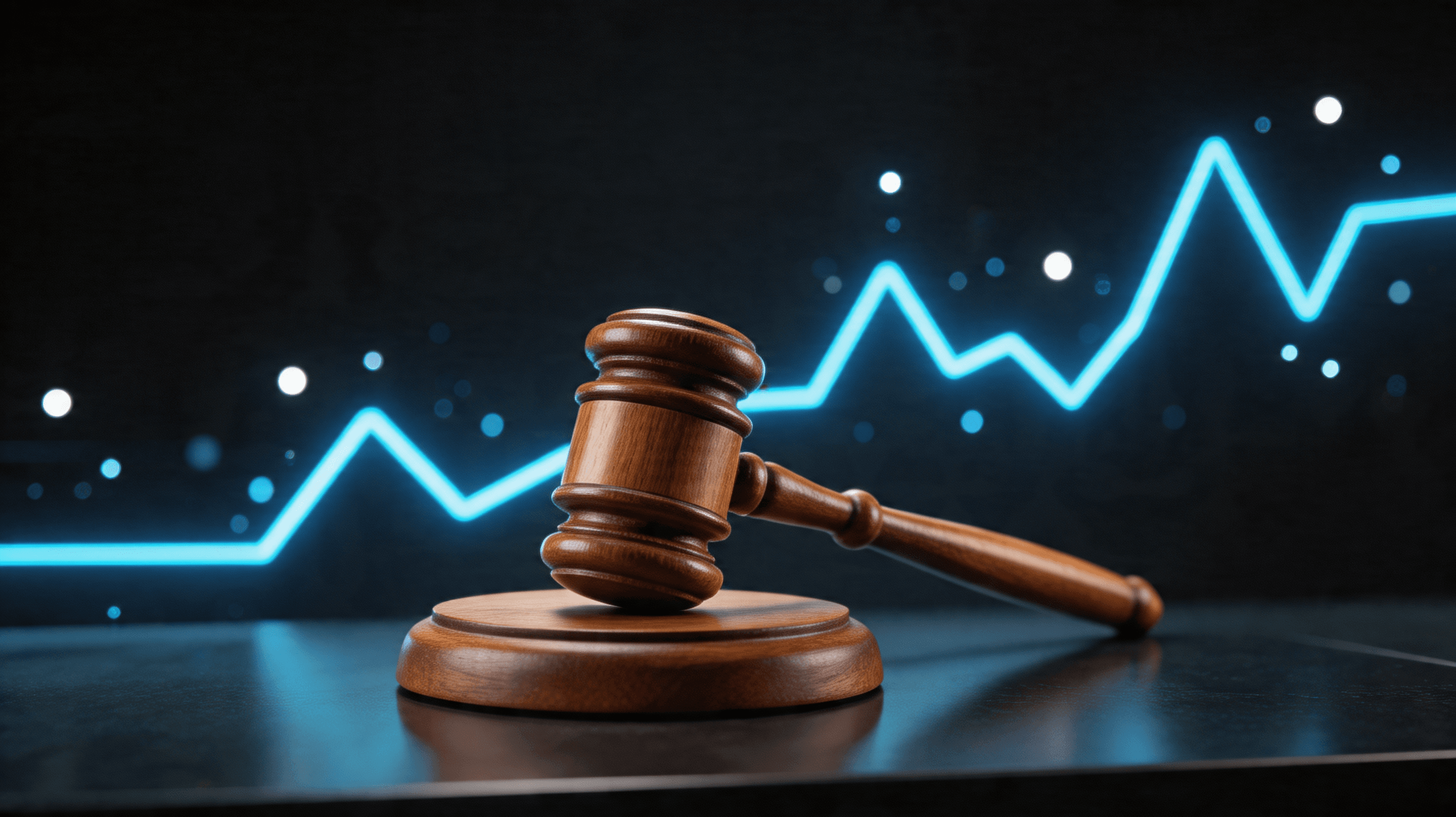 A conceptual legal and financial illustration featuring a digital graph, a gavel, and abstract data