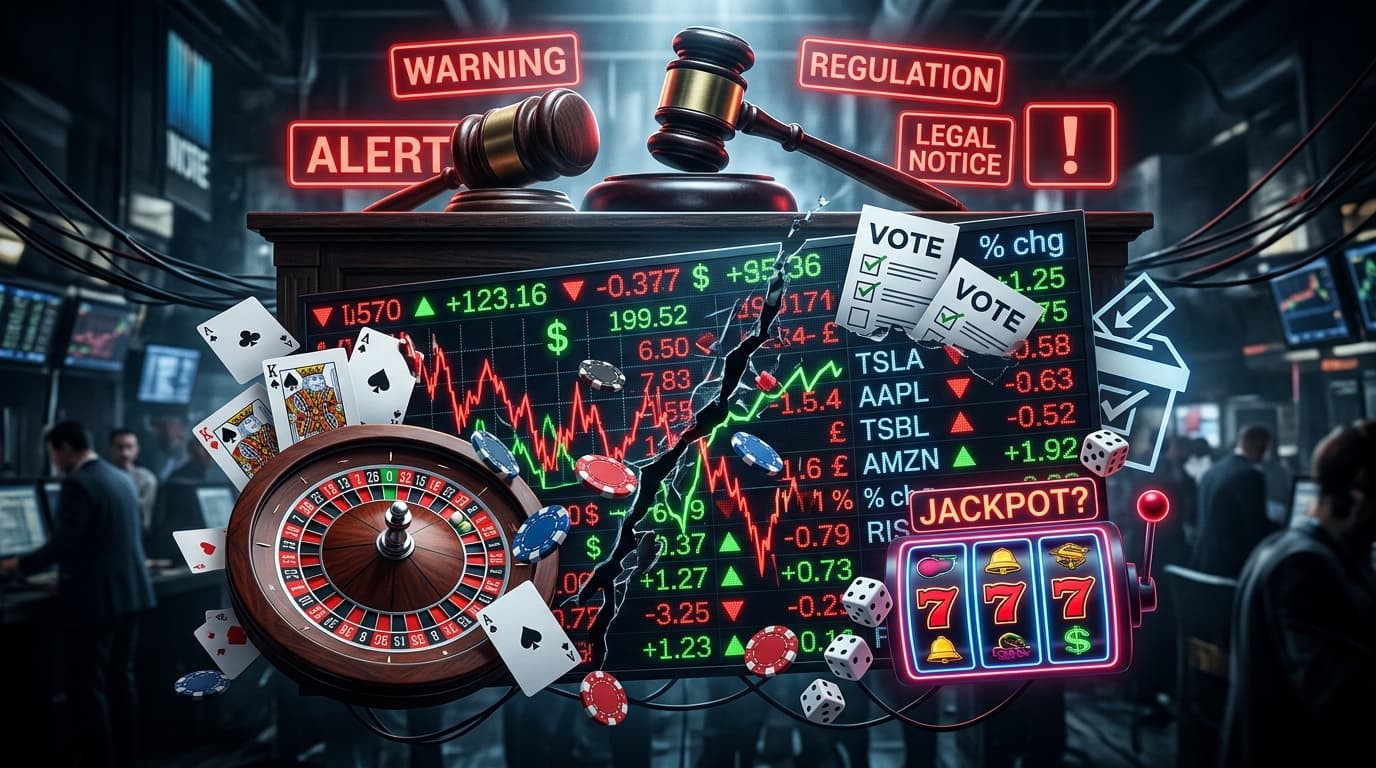 A conceptual image showing a chaotic stock market ticker board merging with casino gambling motifs a