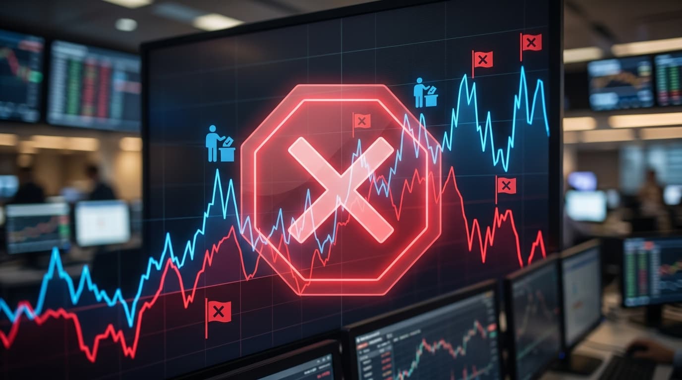 A digital stock market ticker graph depicting political election outcomes, with a 'BANNED' or 'STOP'
