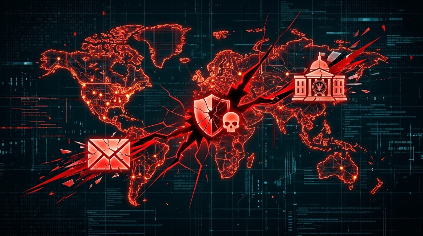 A conceptual depiction of digital security breach, showing a glowing red digital network being intru