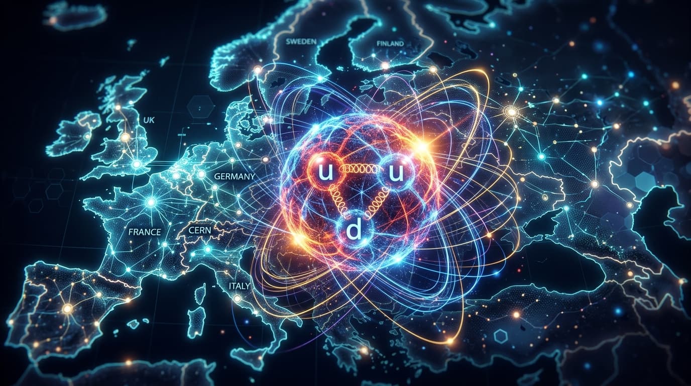 An abstract, artistic representation of a proton nucleus surrounded by vibrating quantum lines, with