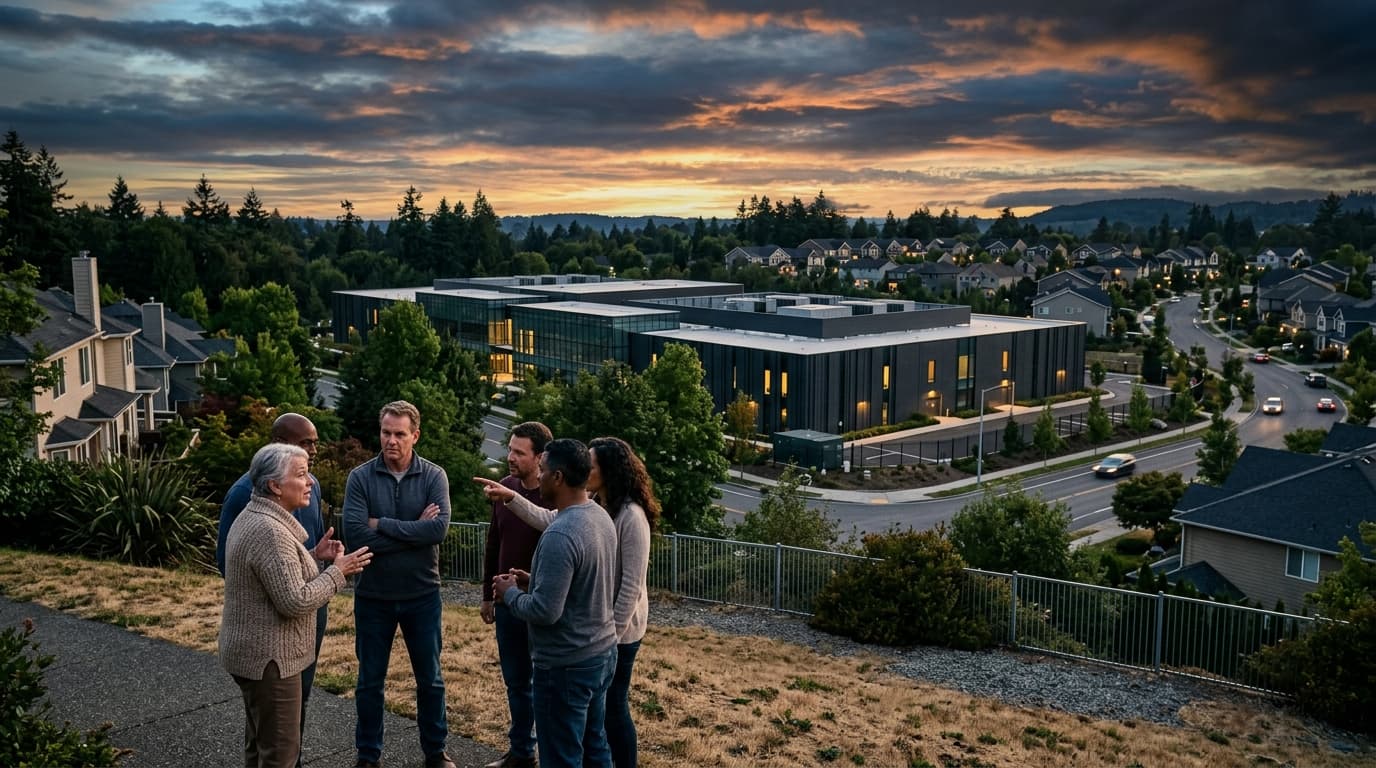 A suburban landscape featuring a modern, sleek data center building surrounded by trees and resident